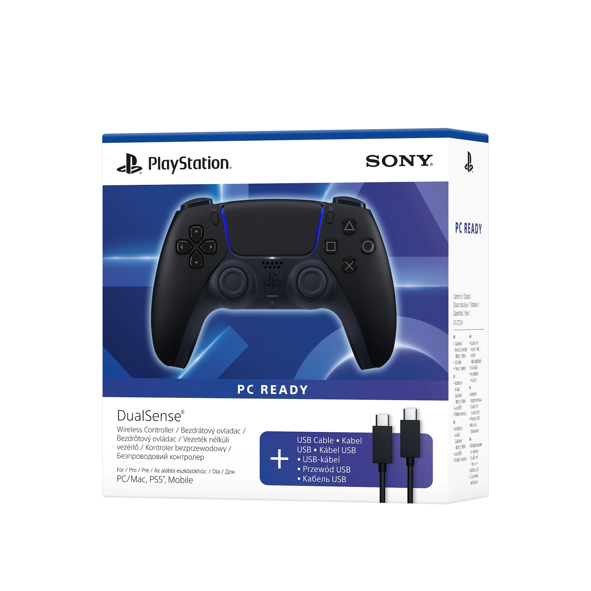 Controller nero PlayStation DualSense su confezione con cavi.