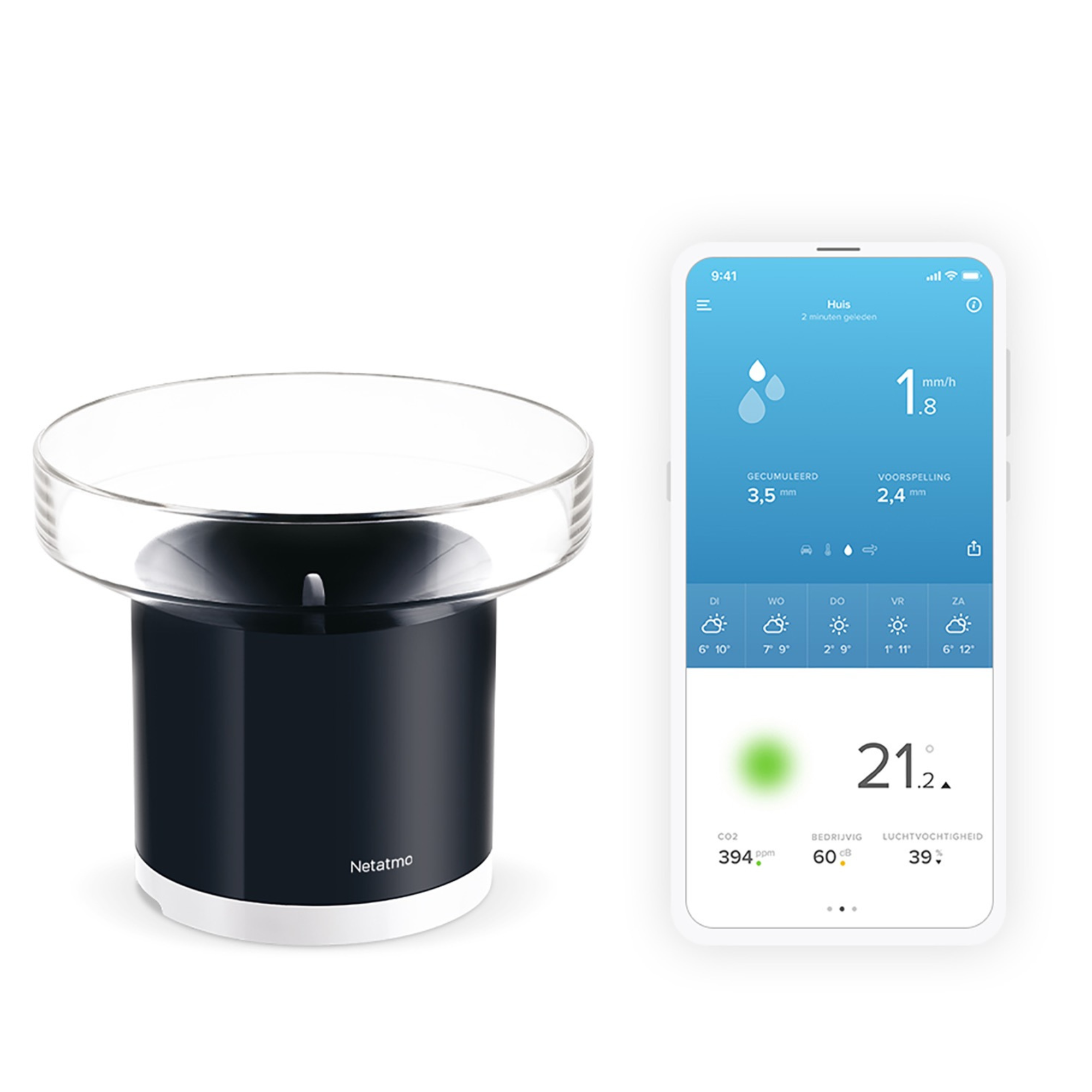 A Netatmo rain gauge next to a smartphone displaying weather data.