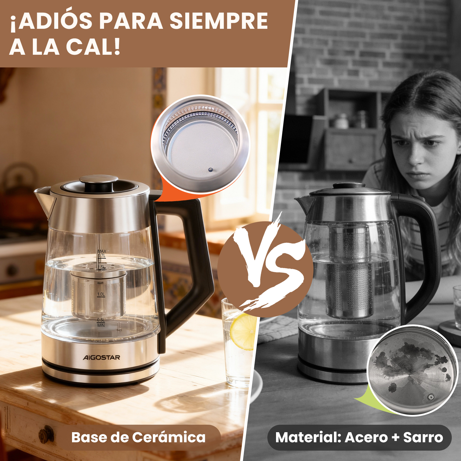 Dos hervidores comparados: uno limpio con base de cerámica, el otro sucio.