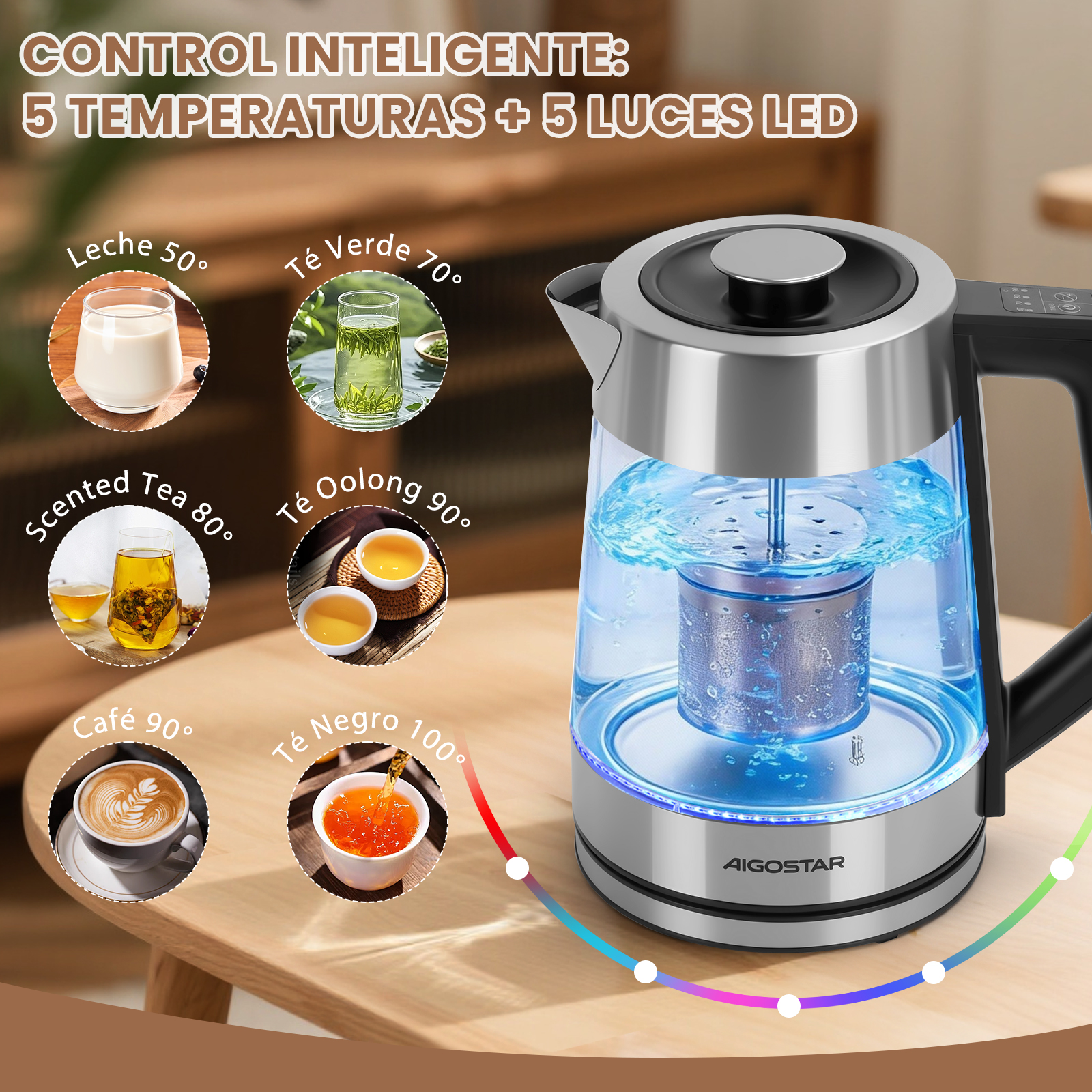 Un hervidor eléctrico de cristal con luces LED azules, junto a varias bebidas a diferentes temperaturas.