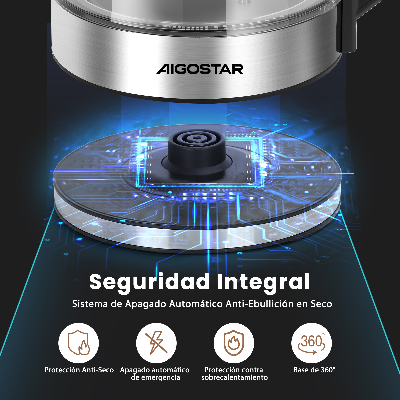 Hervidor eléctrico Aigostar con seguridad integral y base de 360°.
