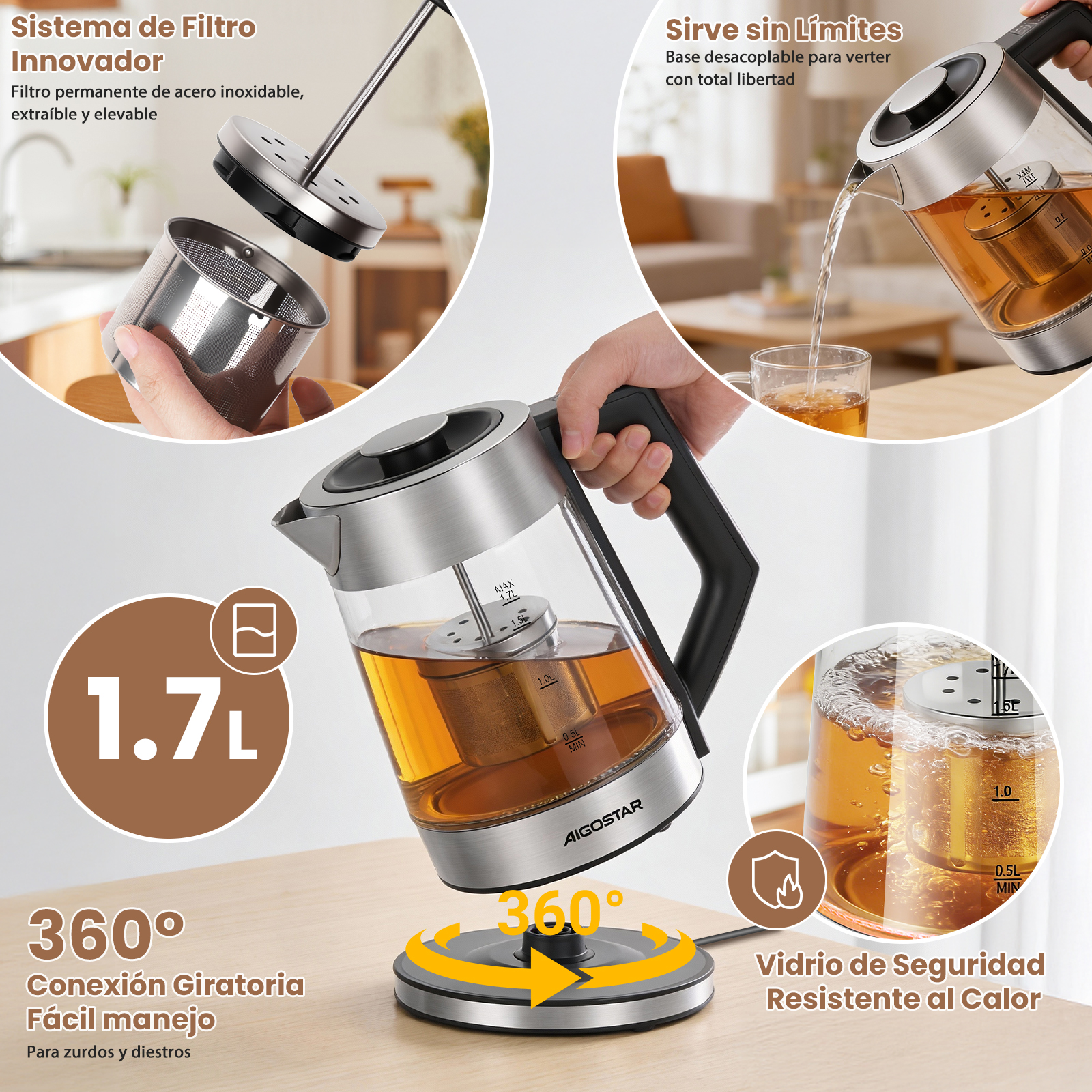 Hervidor de agua de cristal con detalles de acero inoxidable, capacidad 1.7L, base 360°.