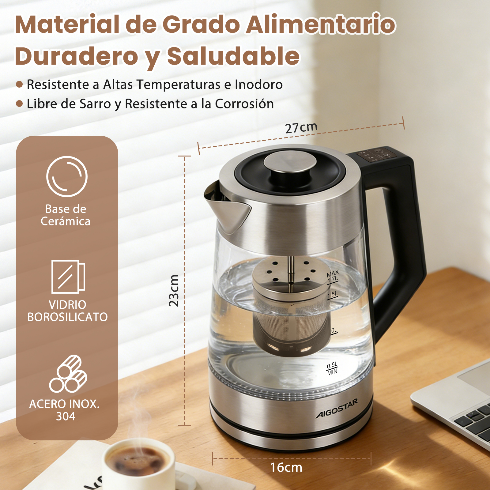 Una tetera eléctrica de vidrio con detalles de acero inoxidable y mango negro.
