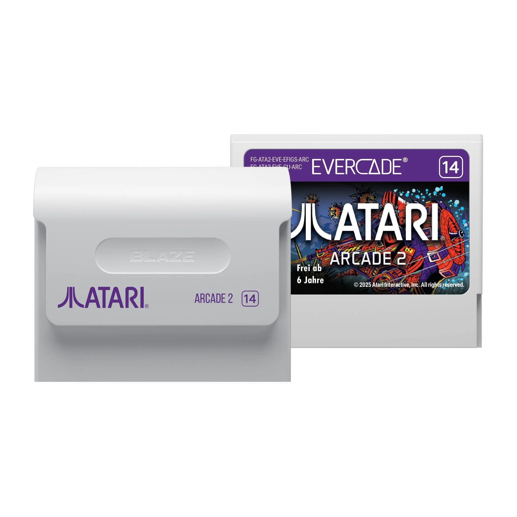 Dwie kartridże gier wideo: biała z logo Atari i z logo Evercade.