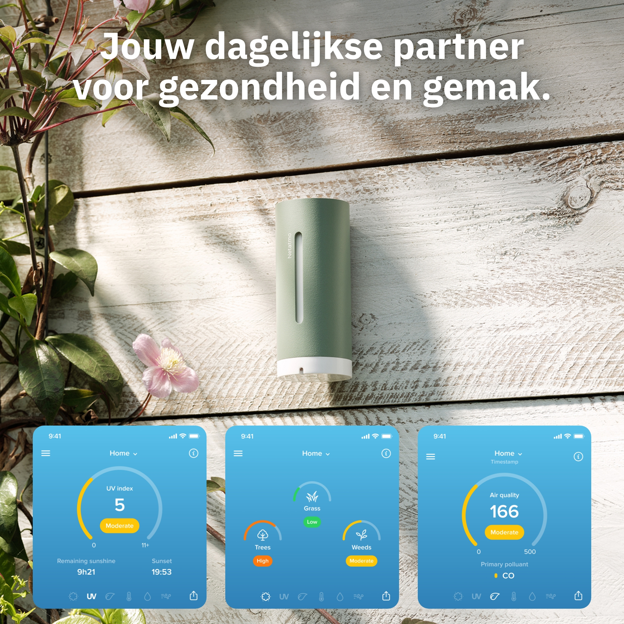 Un appareil vert sur fond de bois blanc. Trois écrans de téléphone affichent des données.