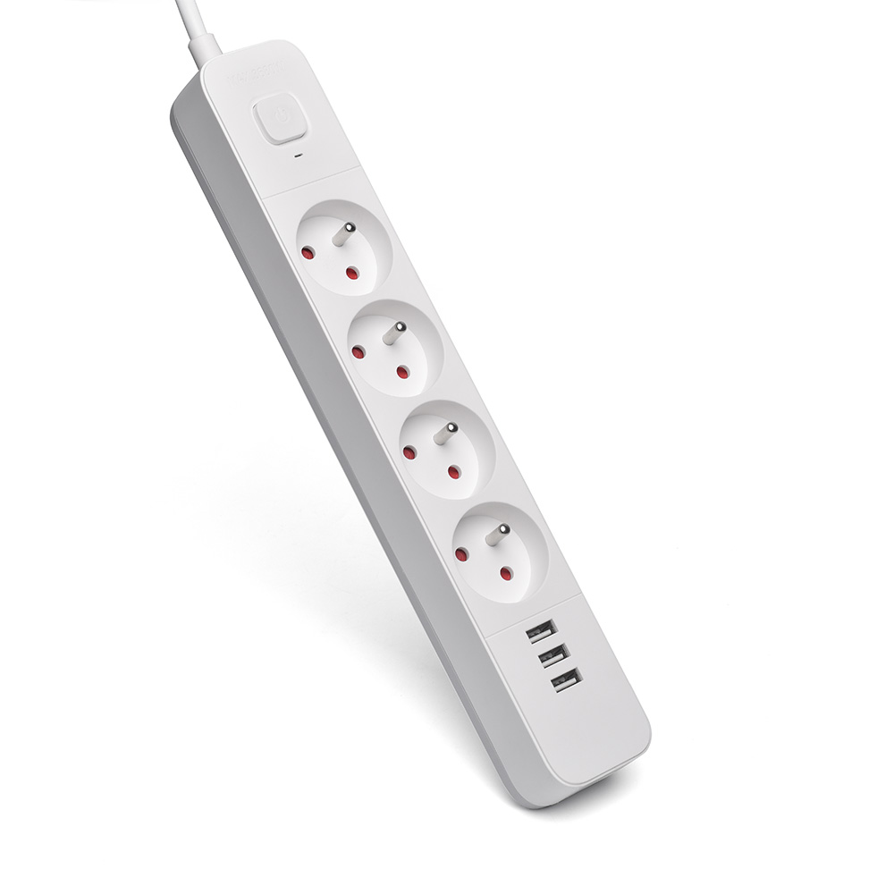 Biała listwa zasilająca z 4 gniazdami i 3 portami USB.