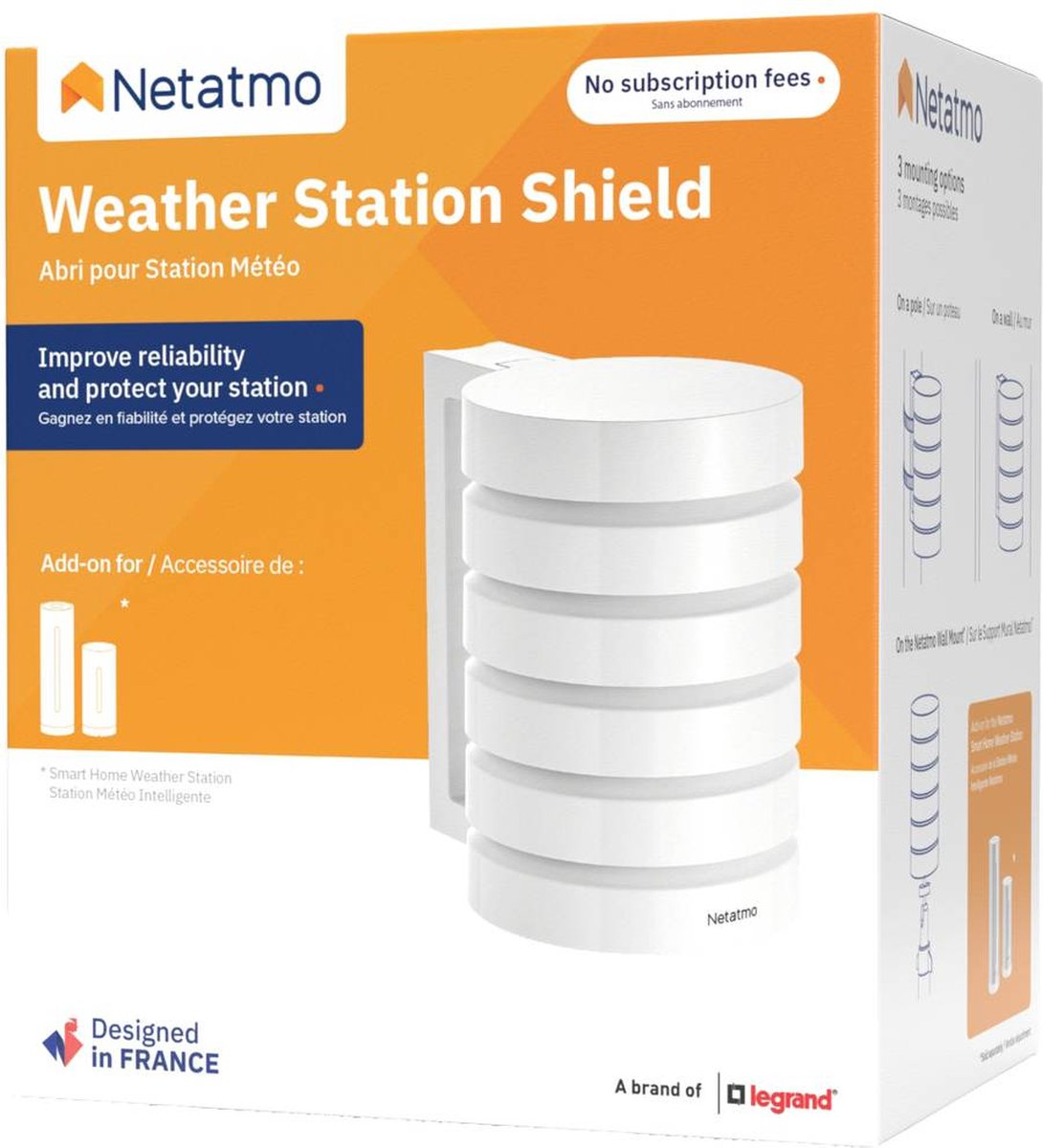 Netatmo Weather Station Shield packaging shows the shield and accessories.