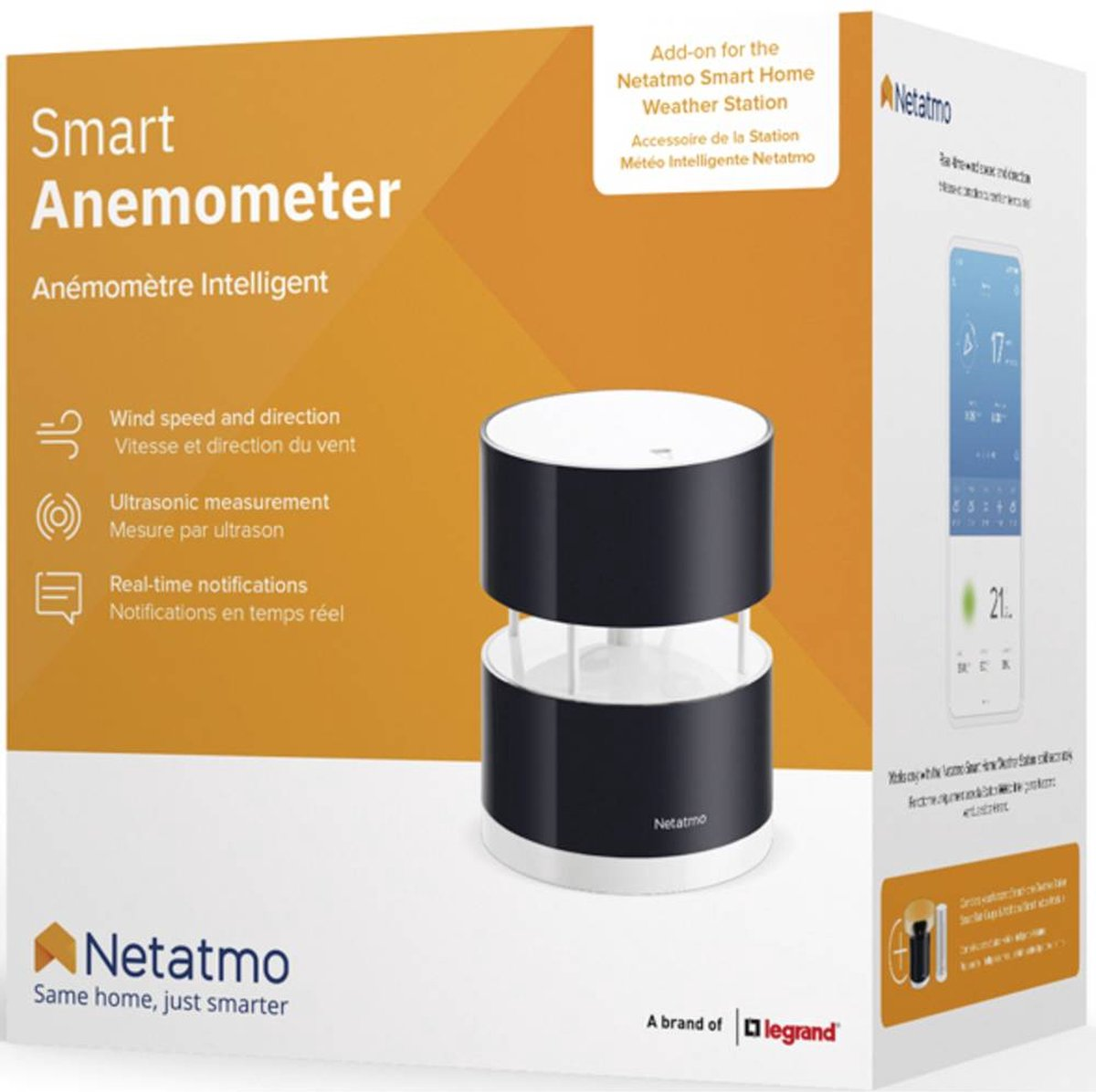 Netatmo Smart Anemometer packaging showing the device and product details.