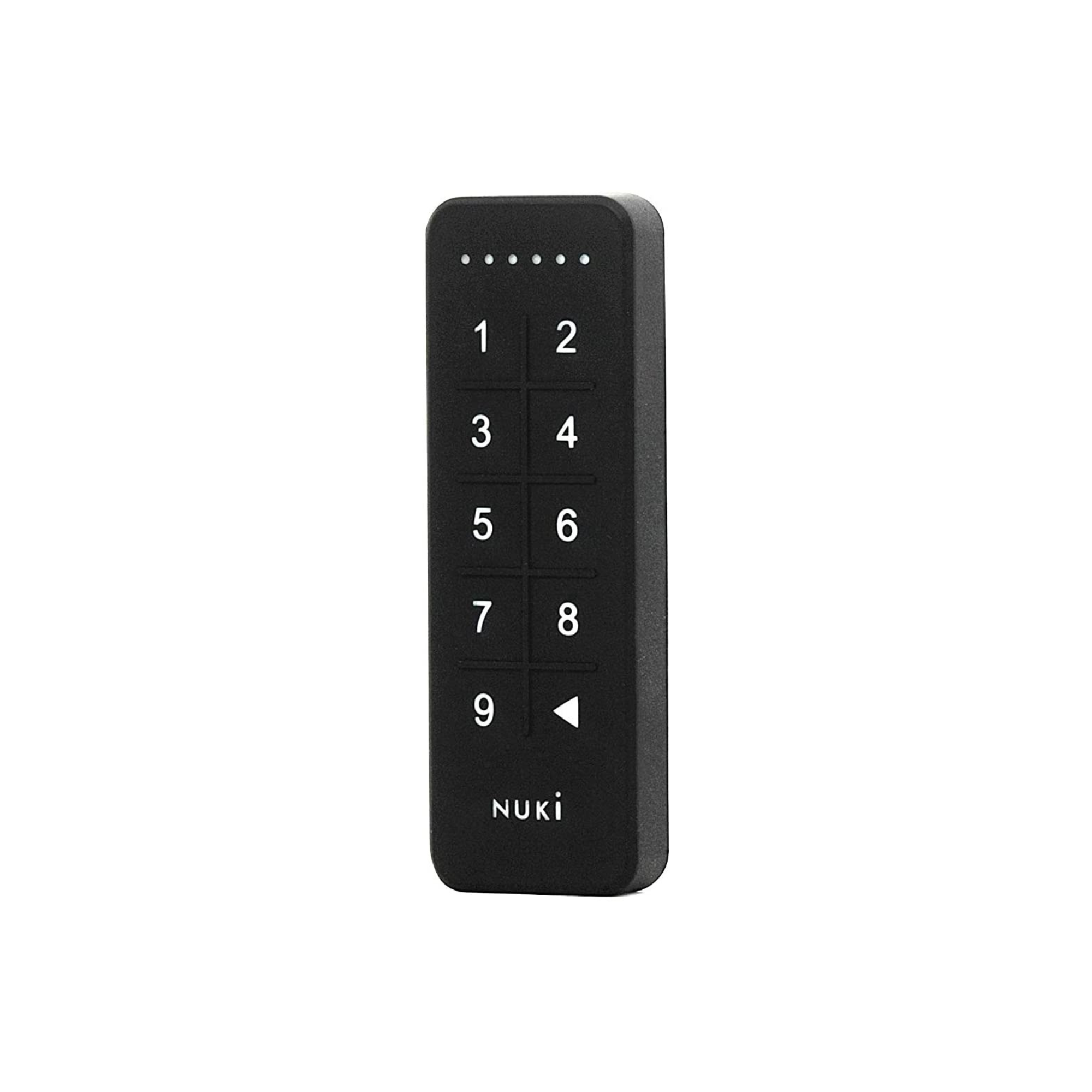 Zwart Nuki keypad met cijfers 1-9 en een pijltjestoets.