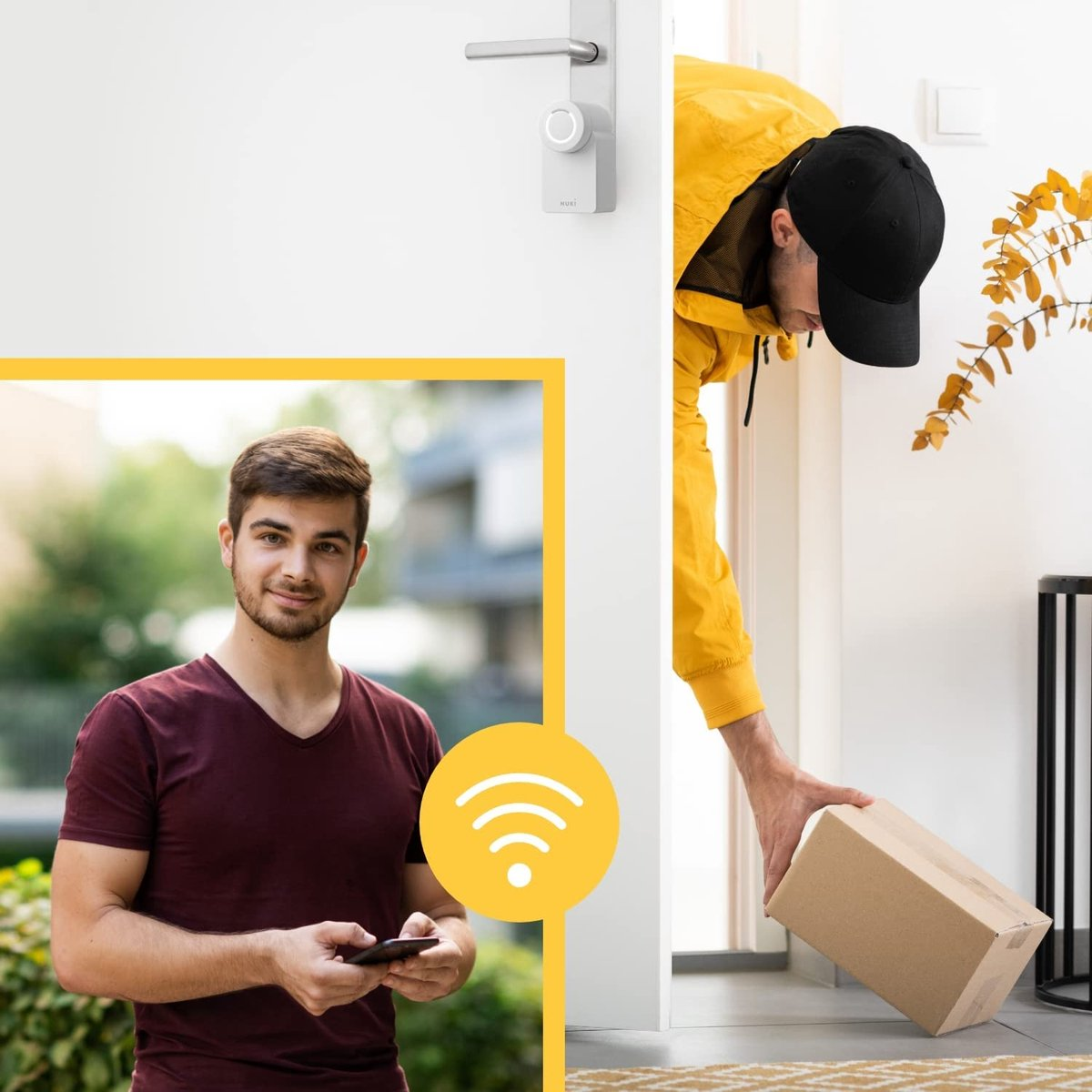 Mann mit Paket übergibt es an einen Mann mit Smartphone.