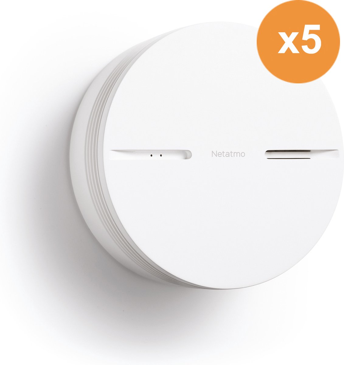 White Netatmo device with orange x5 circle. Side view.