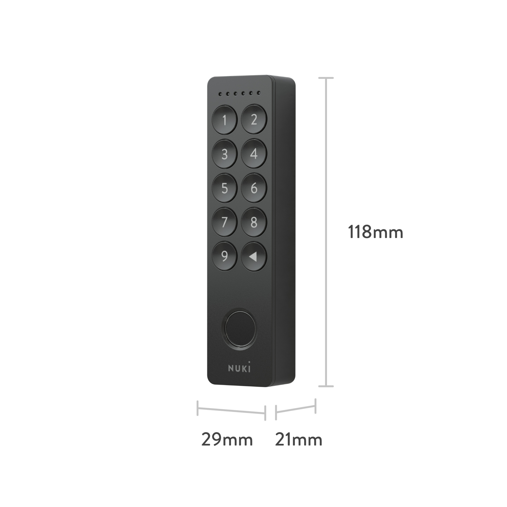 Black Nuki keypad with numbers 1-9, arrow button, and circular button.