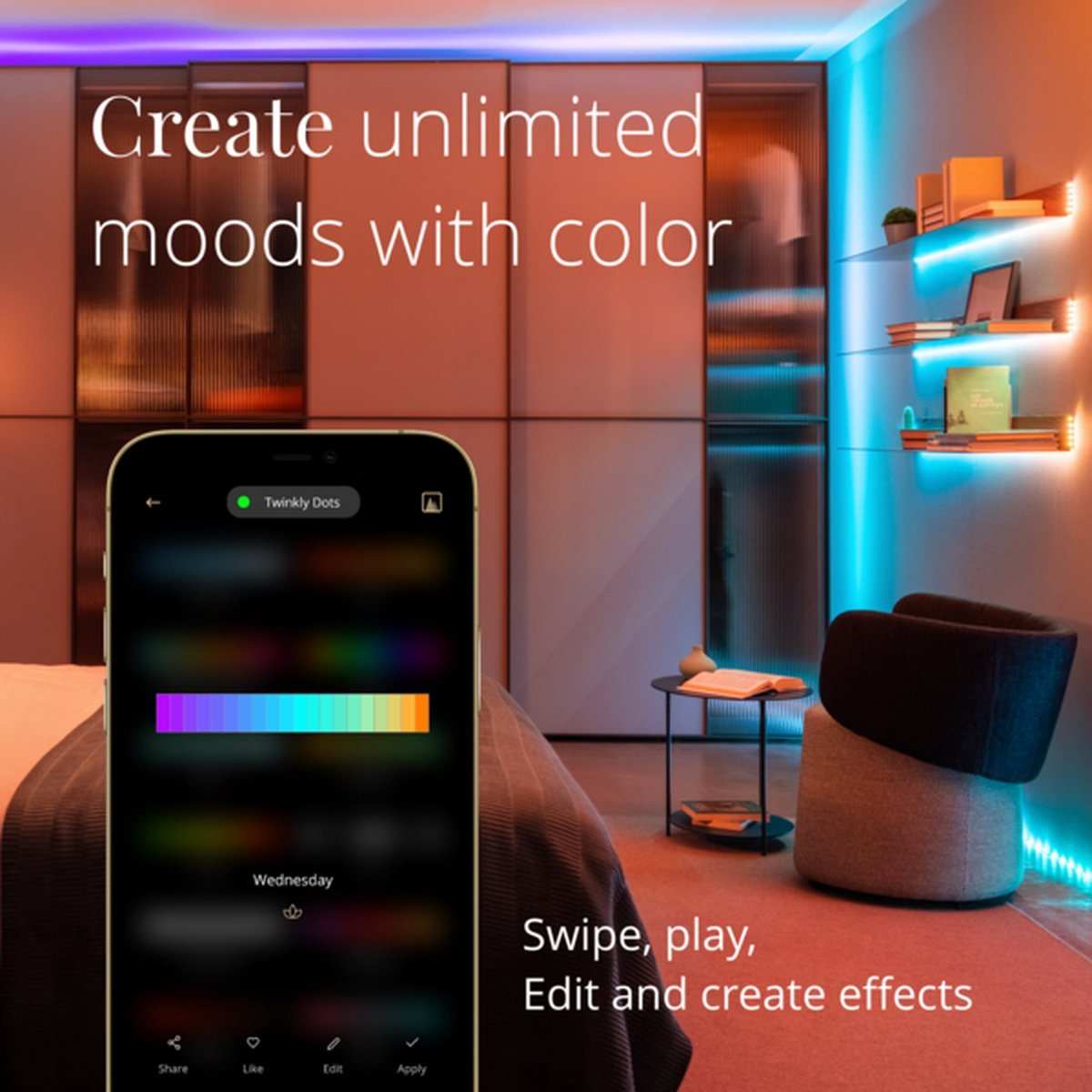Smartfon wyświetla paletę kolorów, obok salon z paskami LED.
