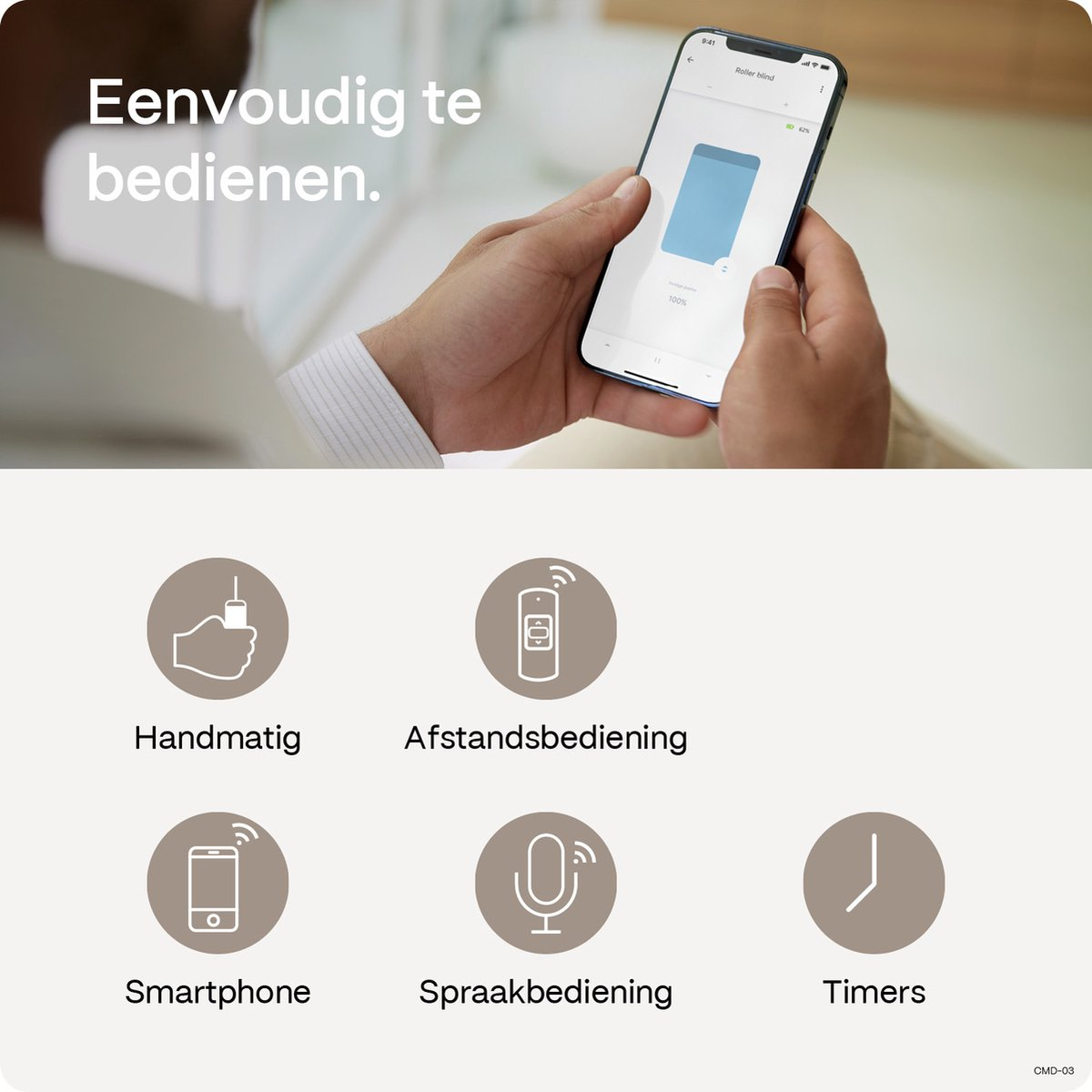 Man operates blind via app, with options for manual, remote, voice control & timers.