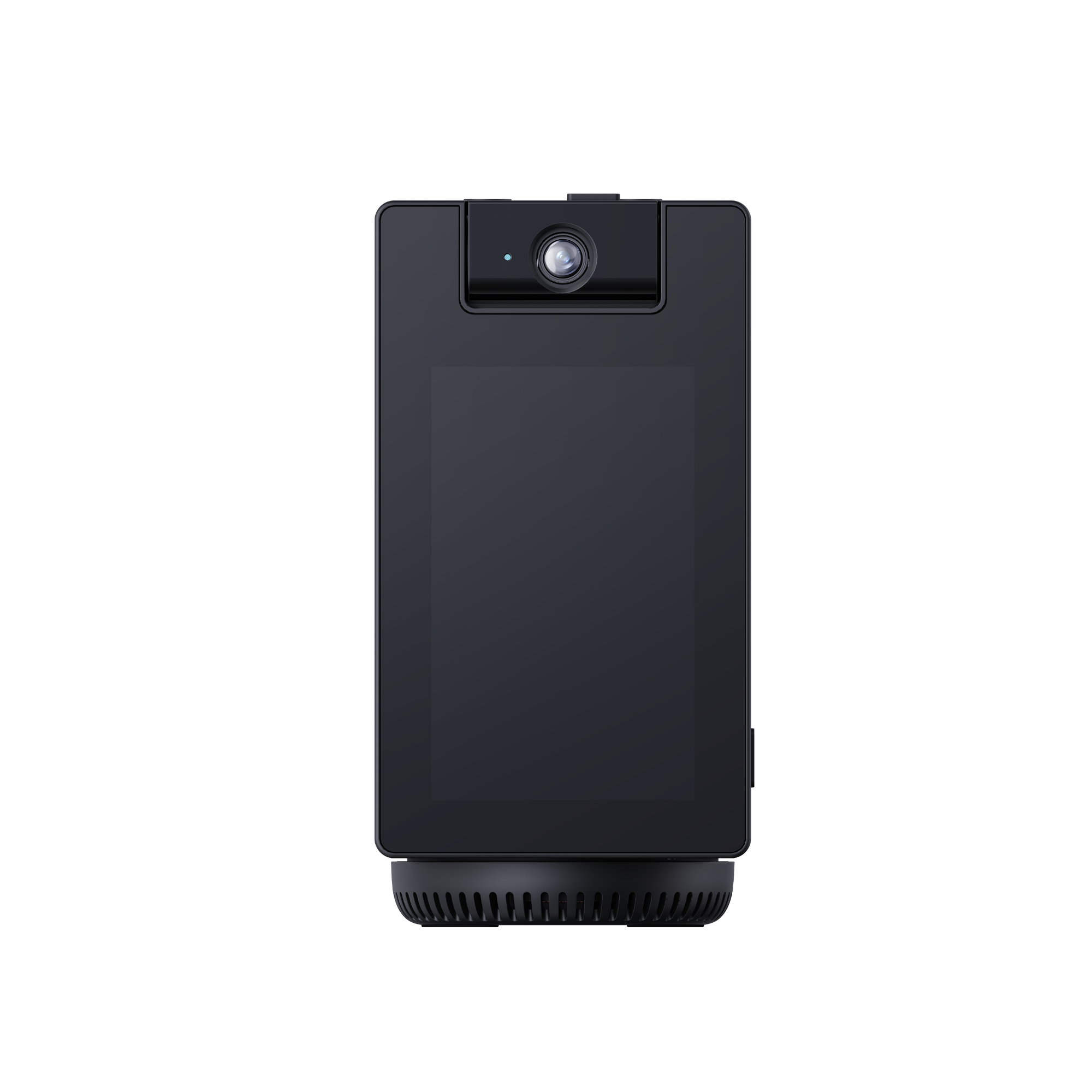 A black, rectangular device with a camera and screen on a fan base.