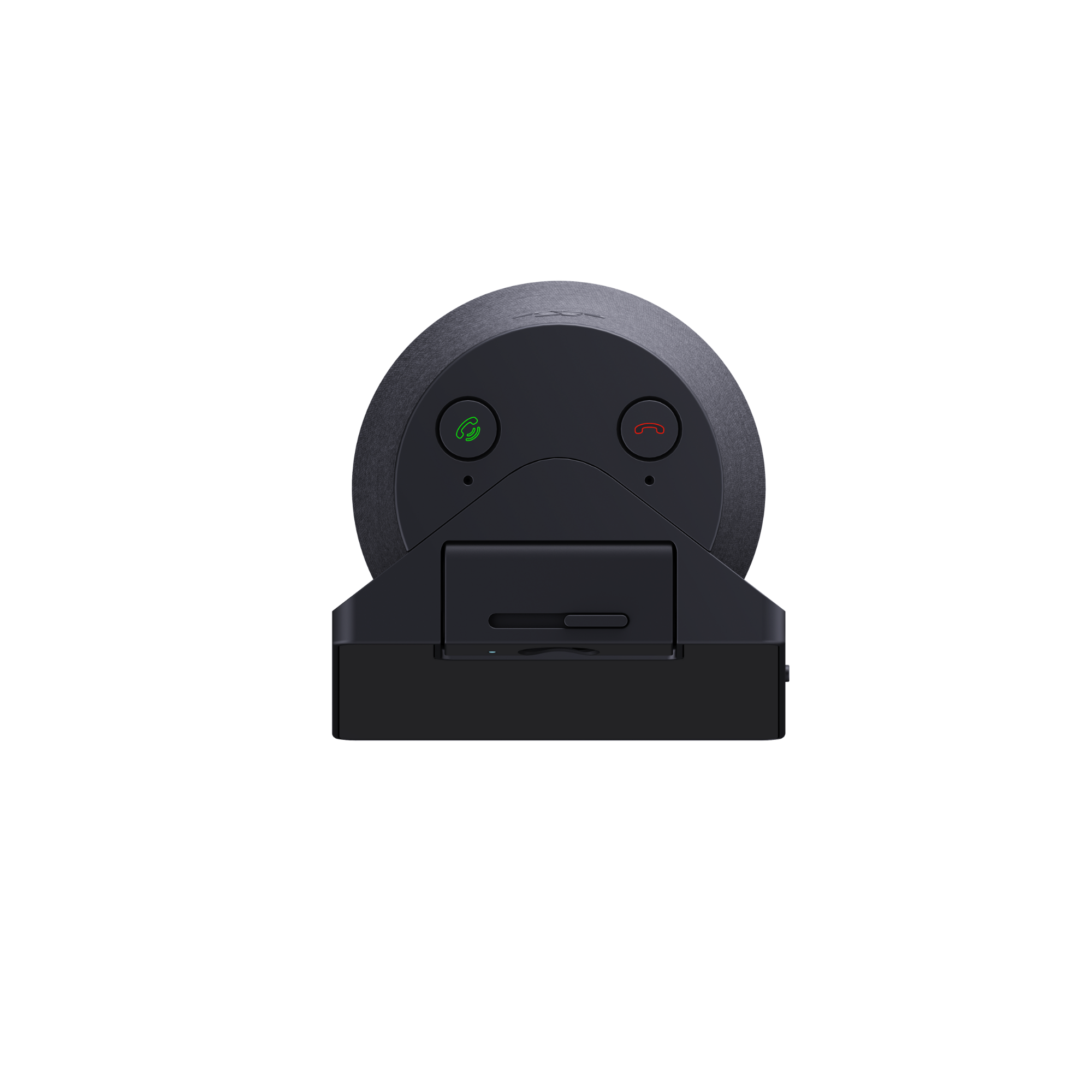 A black, round device with a compartment and two buttons: green for answer, red for hang up.