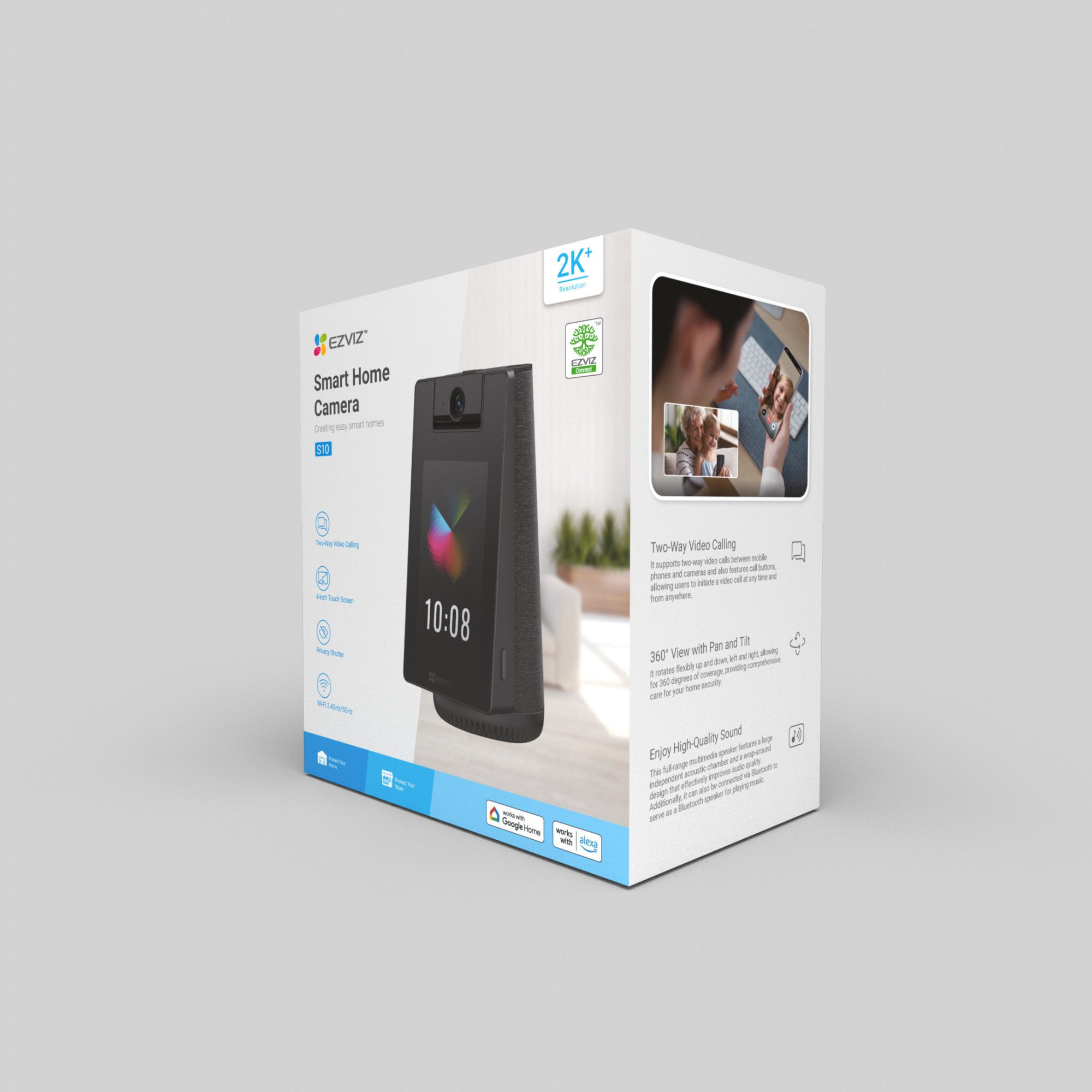 Box of an EZVIZ Smart Home Camera S10 with touchscreen and camera.