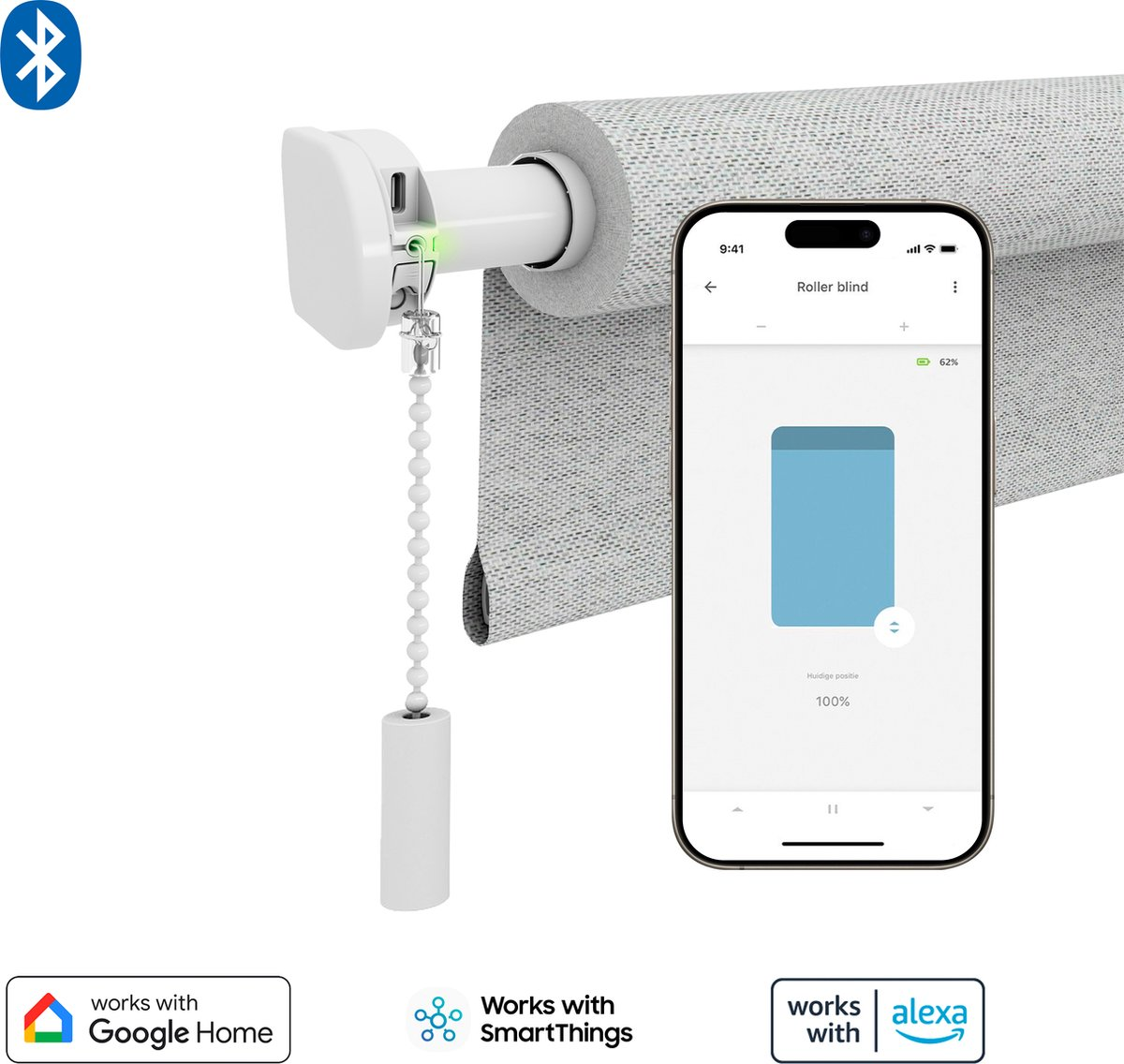 White roller blind motor with Bluetooth symbol. A mobile app displays the roller blind.
