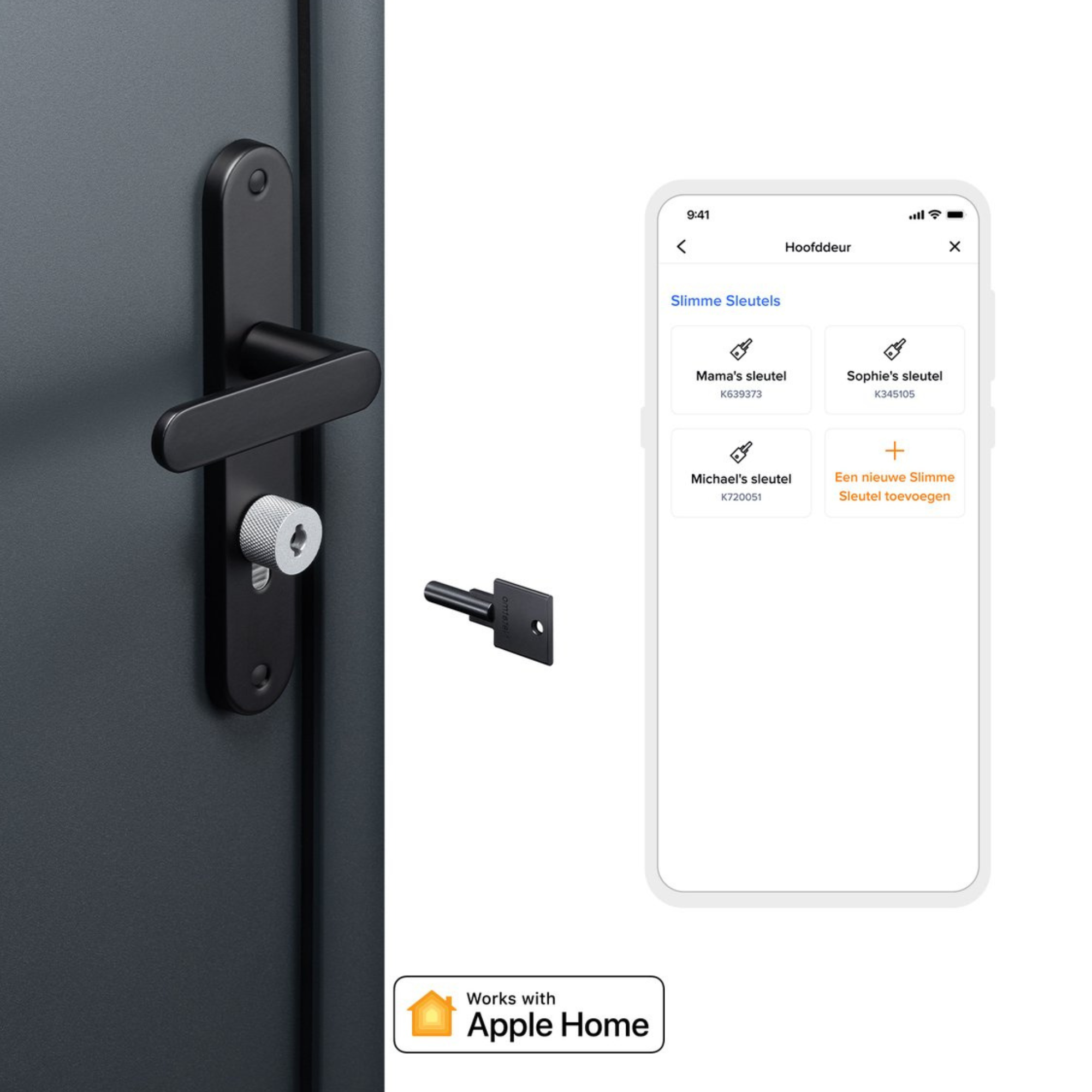 A black door handle and key shown. A smartphone with a key app is on the right.