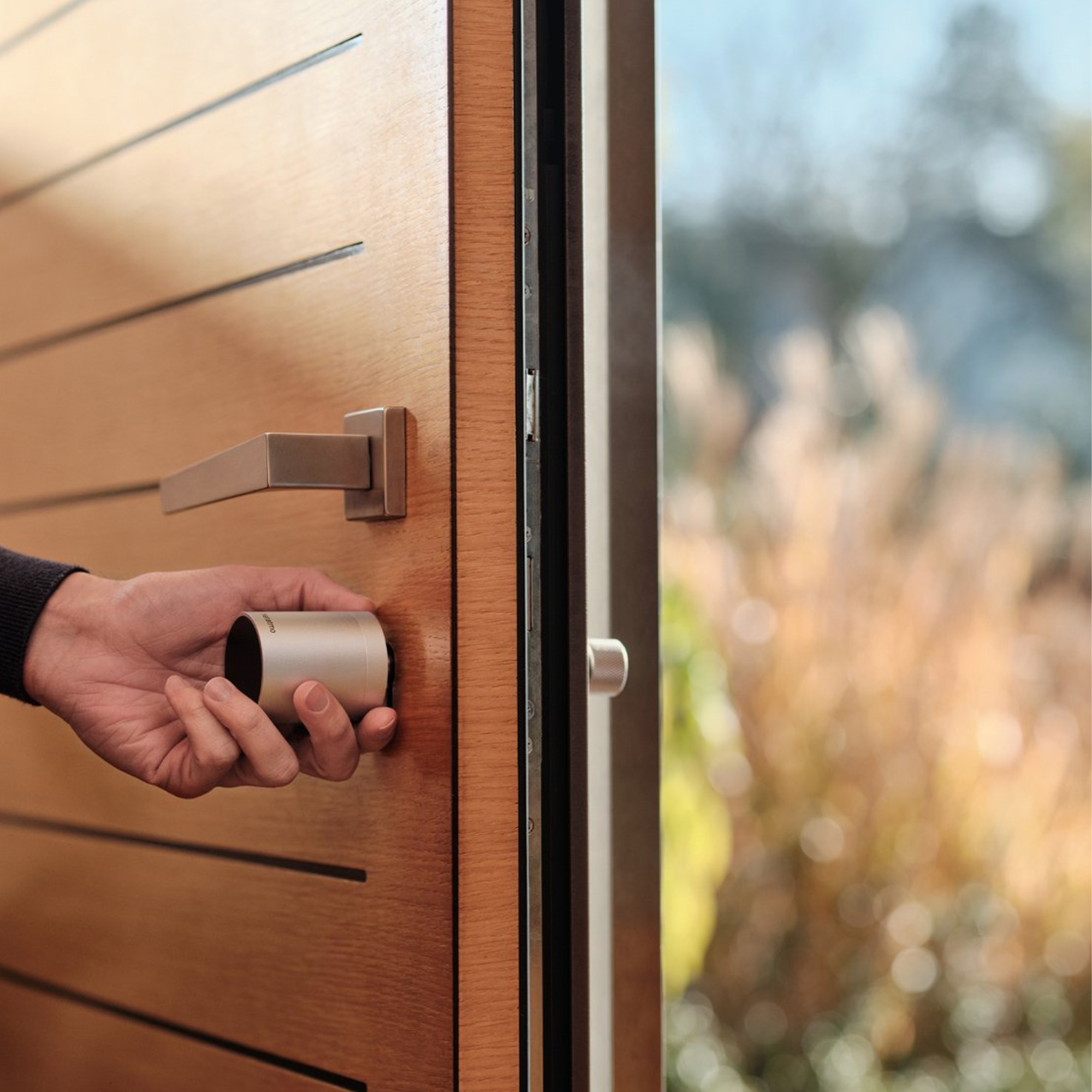 A hand holds a silver lock in front of a wooden door with a handle.