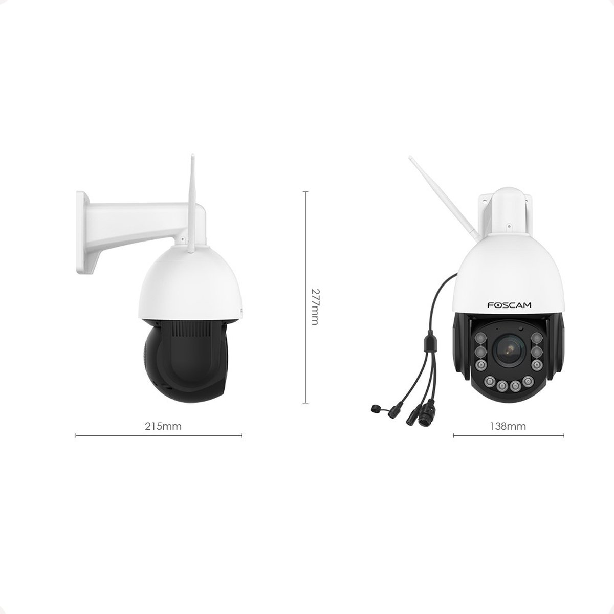 Dwie białe kamery monitorujące, jedna o wymiarach 215mm i 277mm.