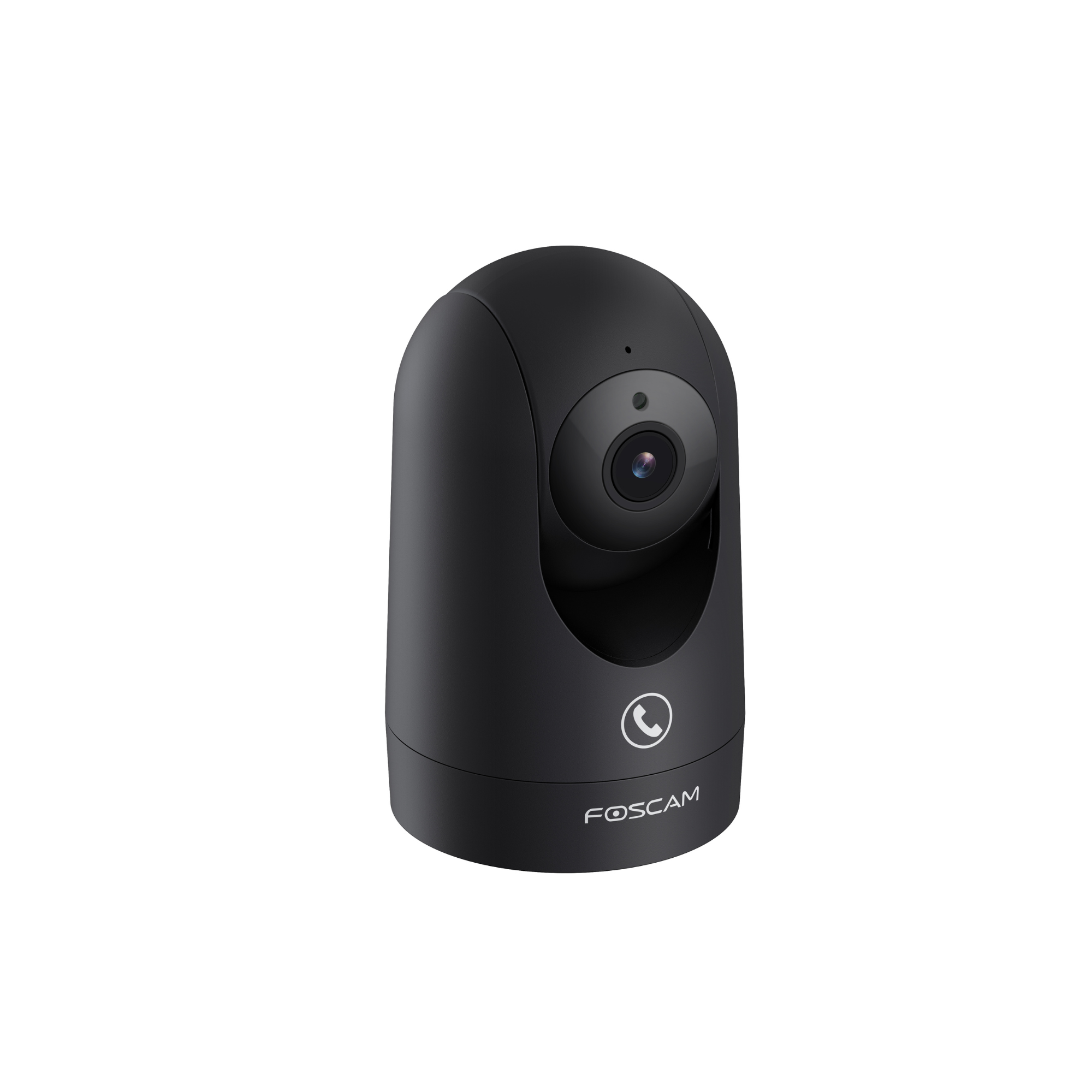 Black Foscam security camera with a swiveling head and a circular logo.