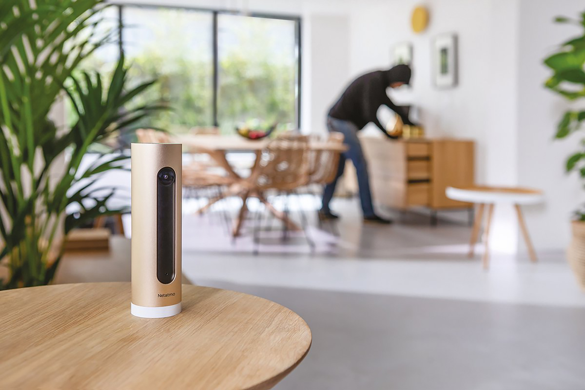 Un sensore di sicurezza Netatmo dorato è su un tavolo di legno. Sullo sfondo, una persona si china.
