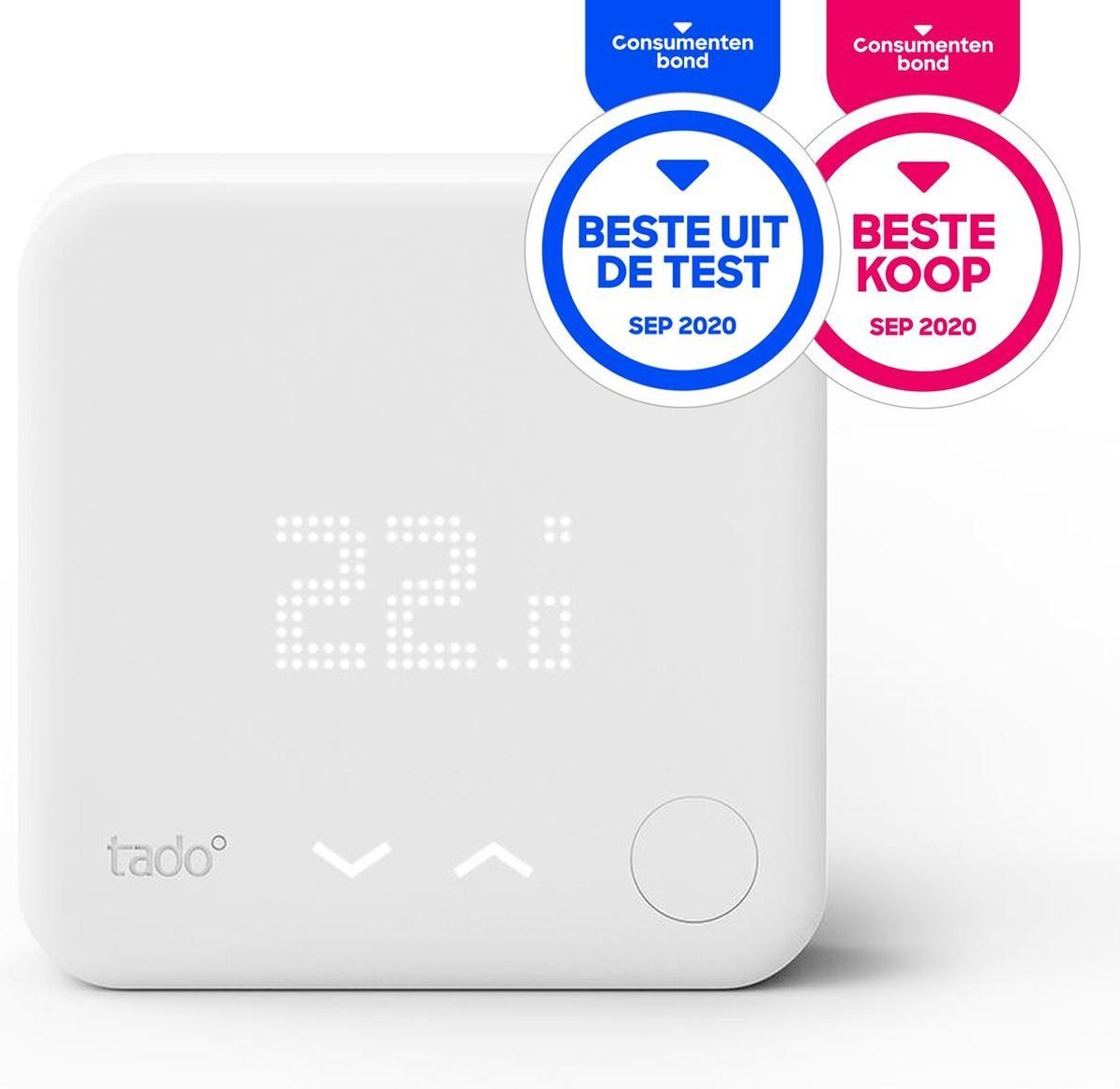 White thermostat with digital display 22.0 and awards.