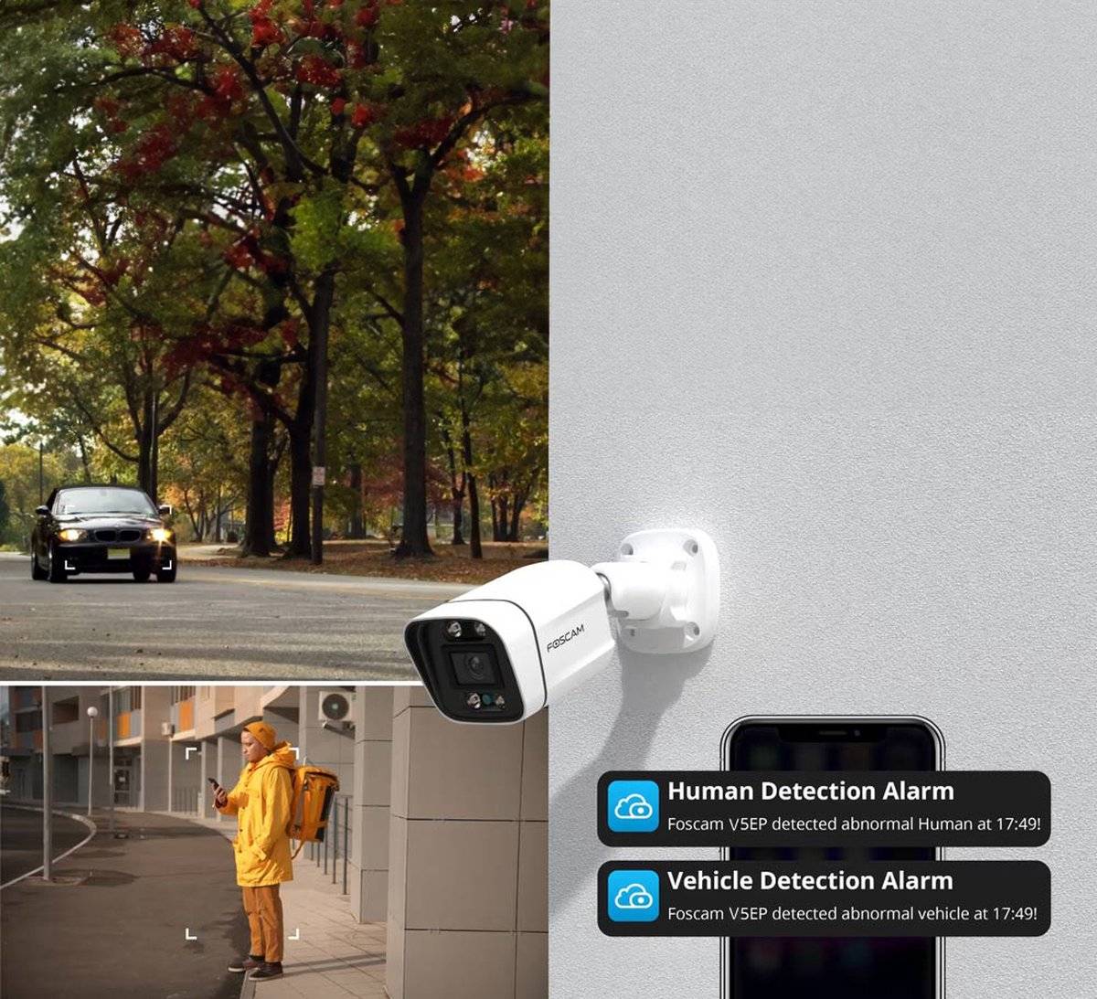 Collage: Car on road, person with yellow bag, security camera, phone alerts.