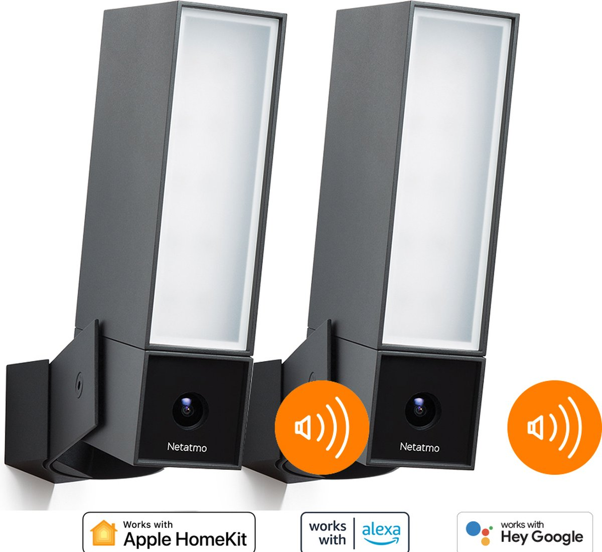 Twee zwarte Netatmo beveiligingscamera's met lampen, compatibel met Apple HomeKit, Alexa, Google.