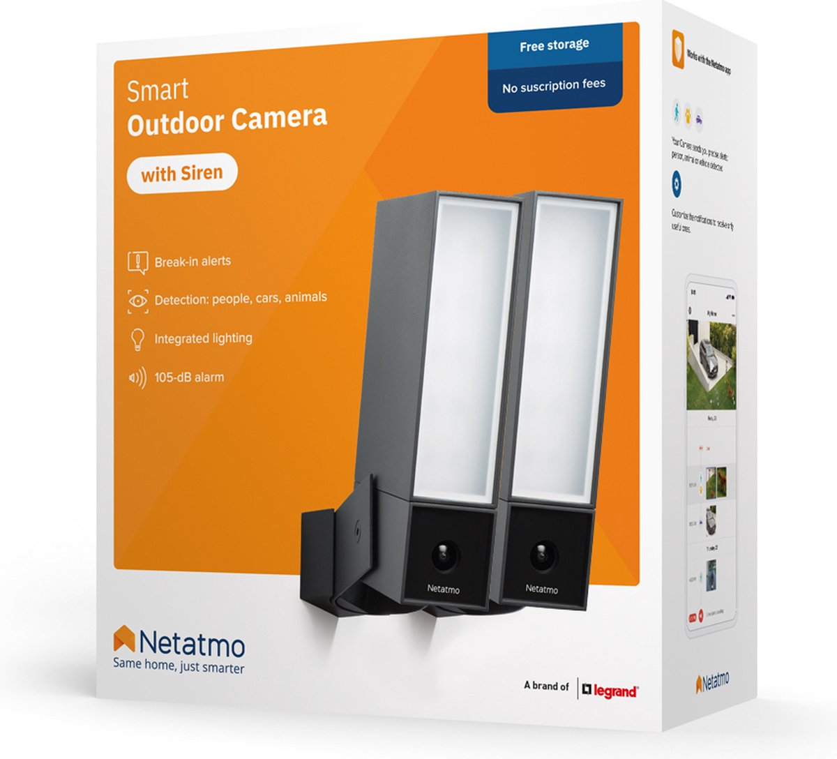 Netatmo Smart Outdoor Camera doos met sirene, met inbraakmeldingen en detectie.