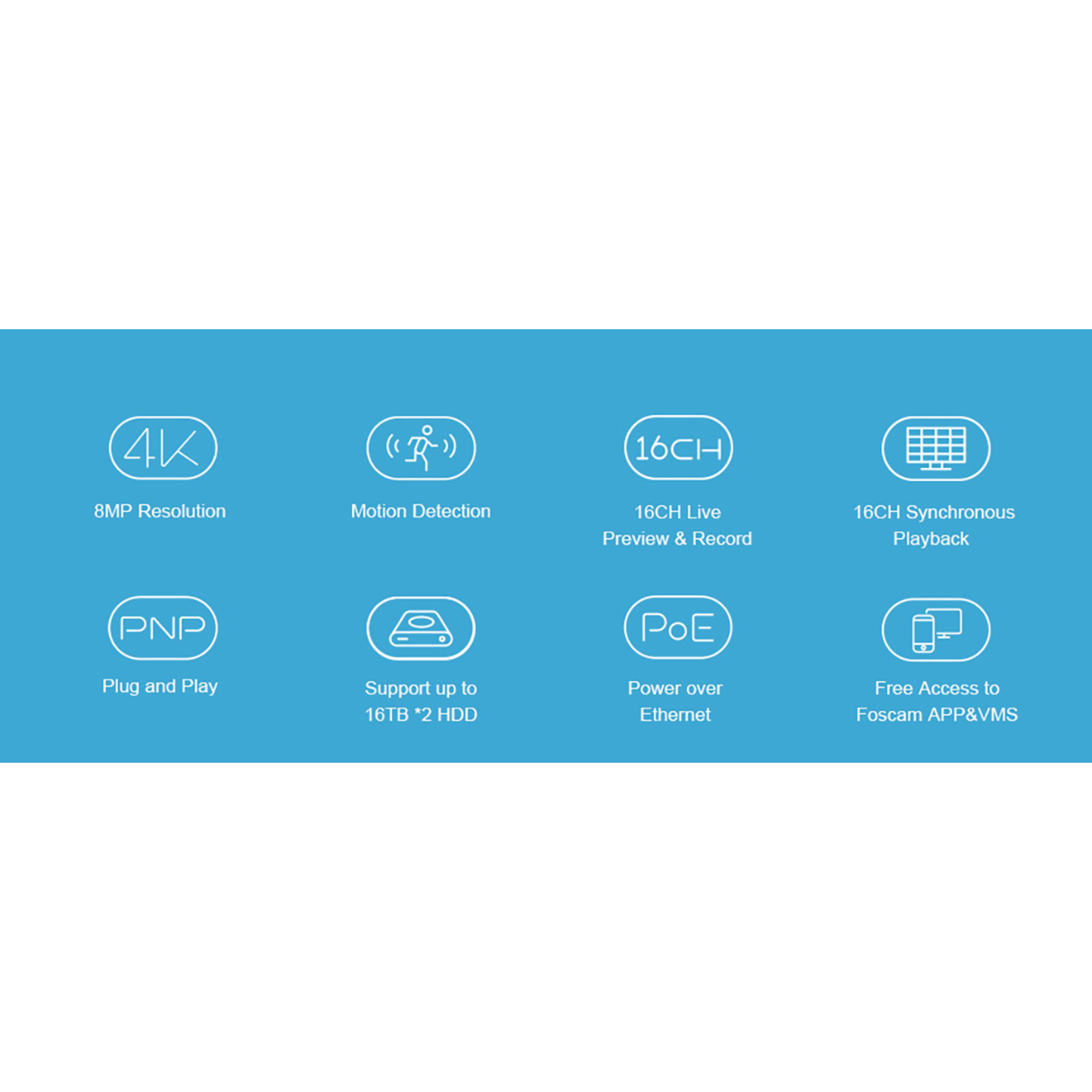 Icons show 8MP resolution, motion detection, 16CH live preview & record, 16CH sync playback, plug and play, up to 16TB HDD, PoE, free app access.