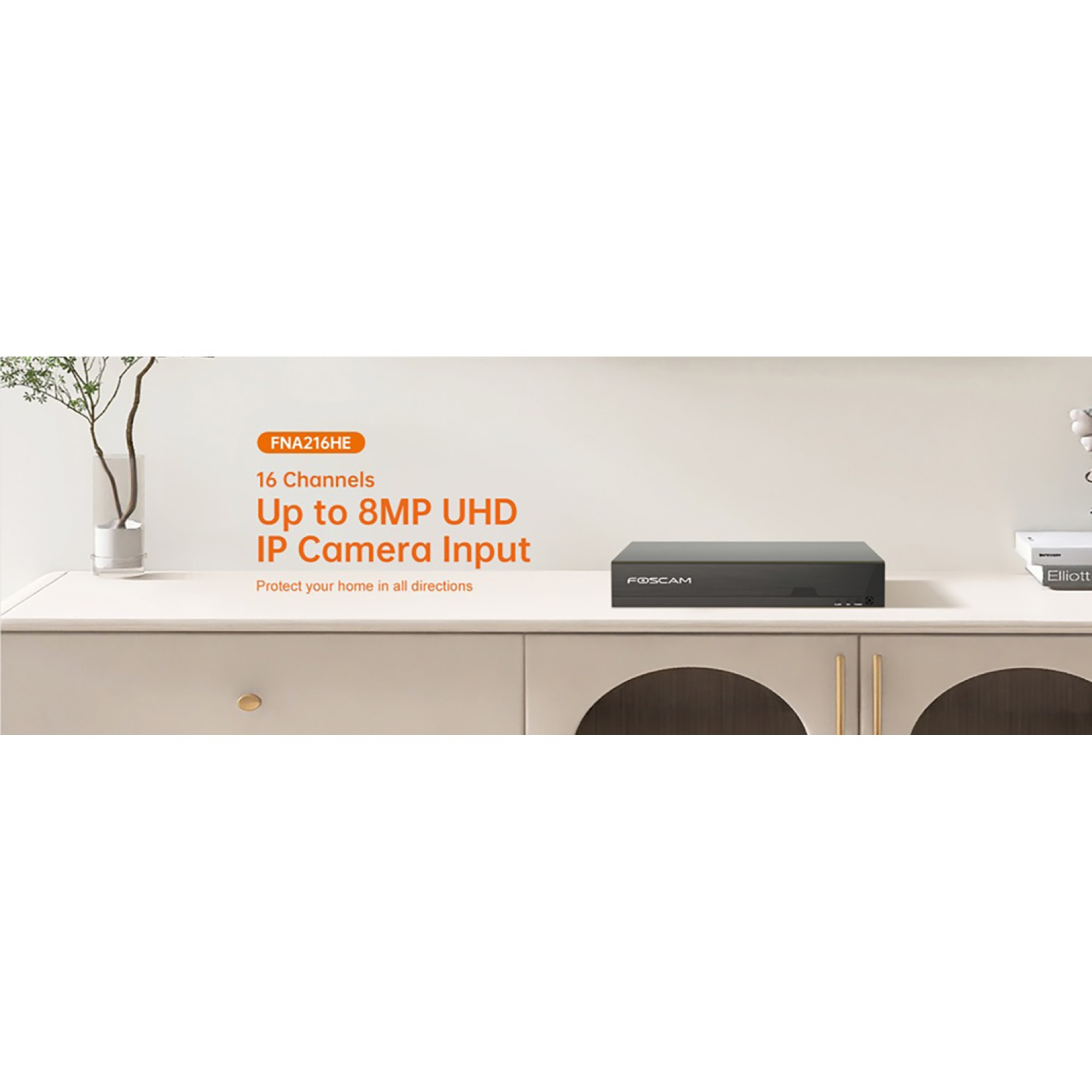 Foscam 16-channel 8MP UHD NVR on a shelf with a vase and books.