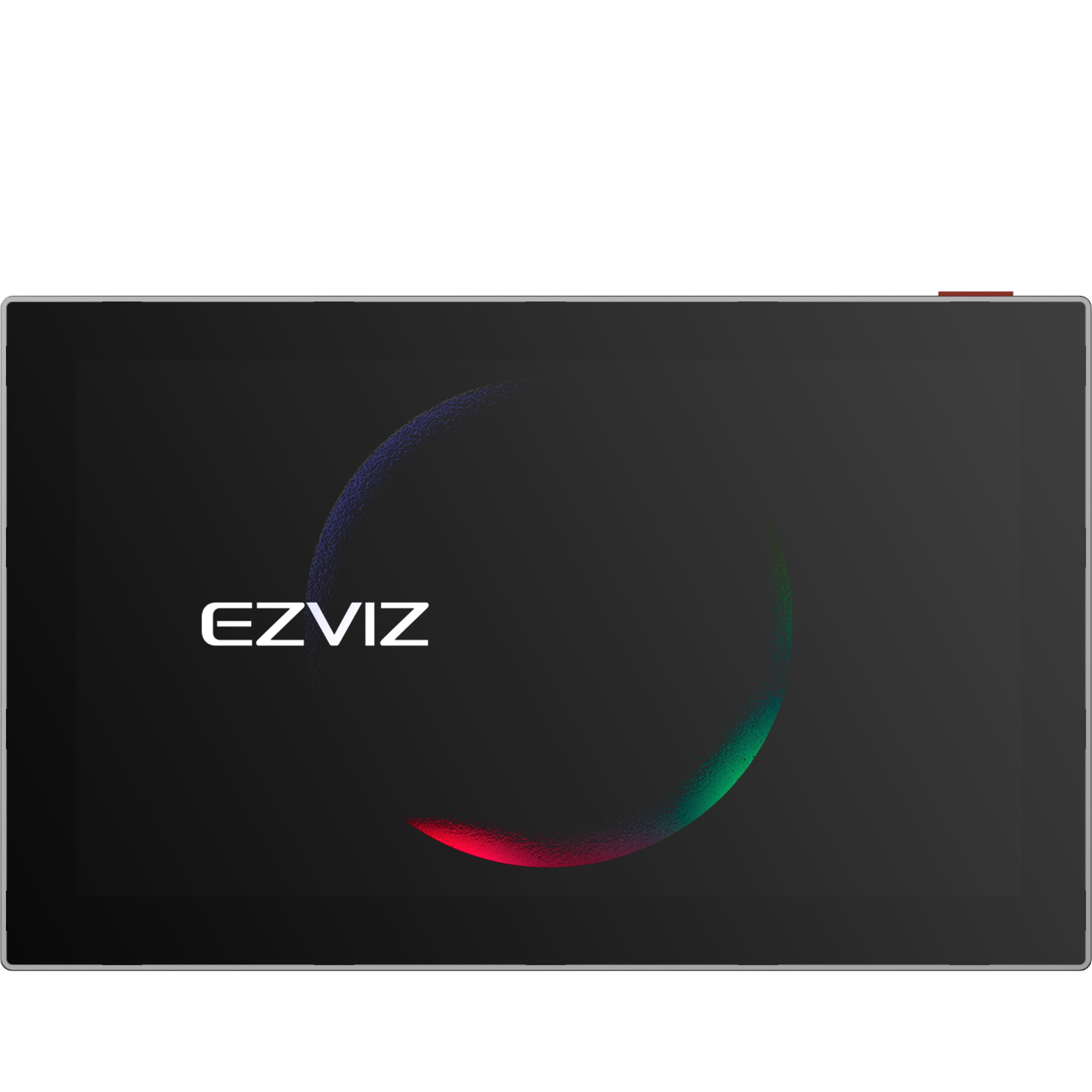 Grijs scherm met EZVIZ-logo en kleurrijke lichteffecten. Rode knop rechtsboven.