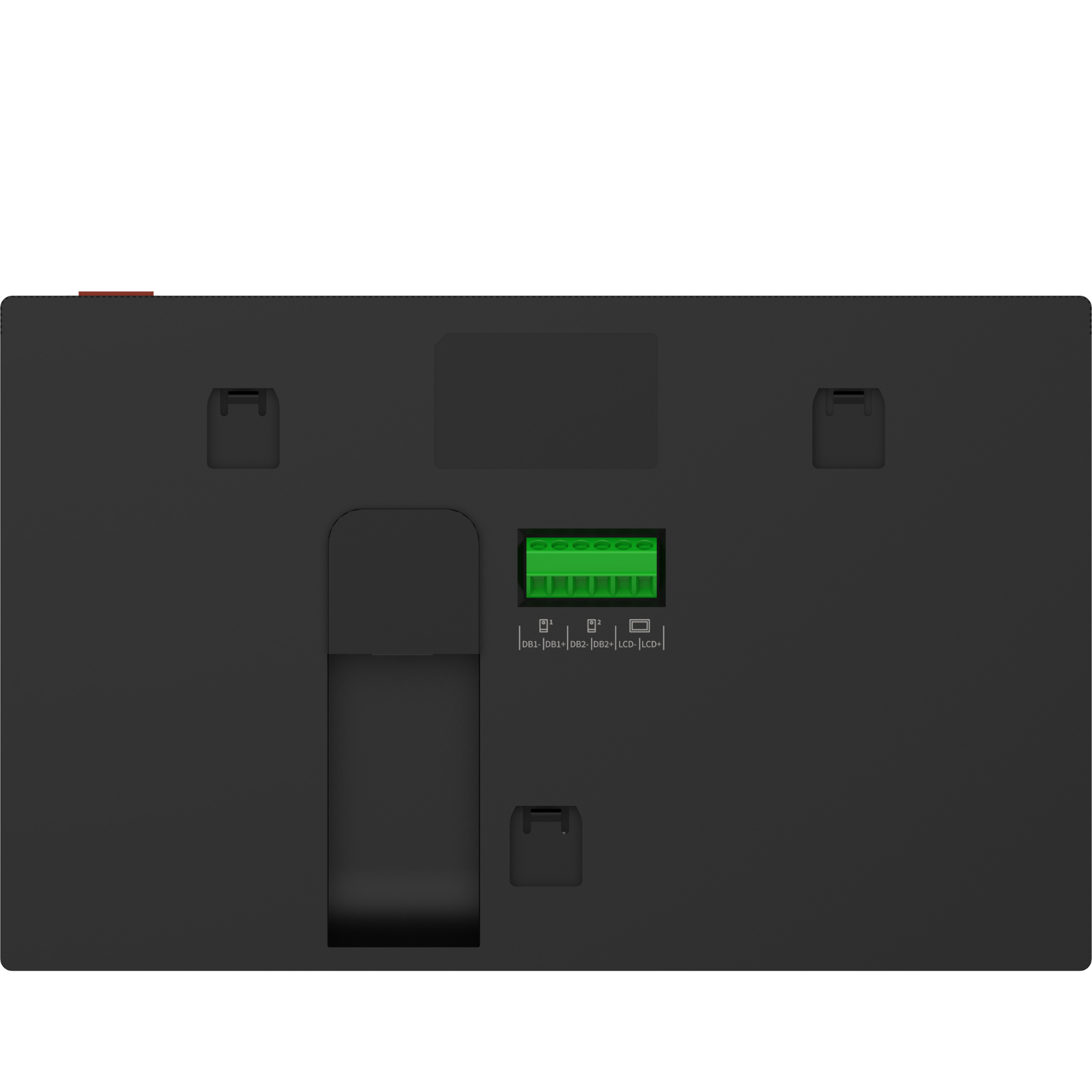 Achterkant van een zwart apparaat met groene connectoren en labels.