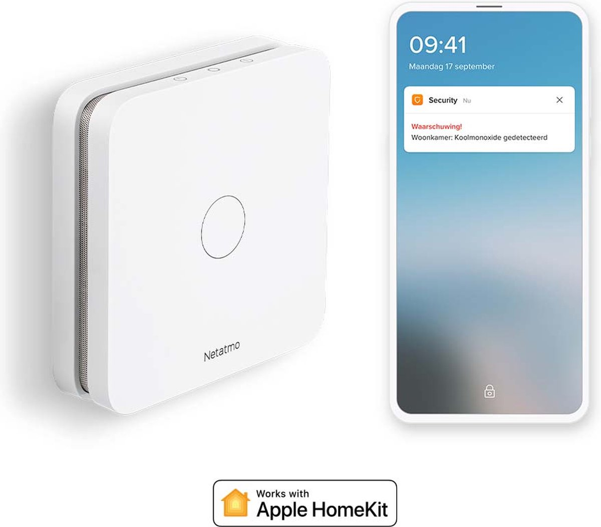Weißes Netatmo-Gerät und Smartphone mit CO-Alarmmeldung. Funktioniert mit Apple HomeKit.