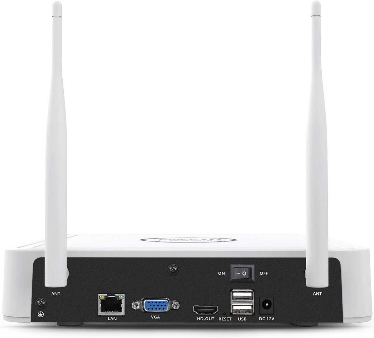 Routeur blanc avec deux antennes, ports étiquetés LAN, VGA, HD-OUT, RESET, USB, 12V DC et interrupteur ON/OFF.
