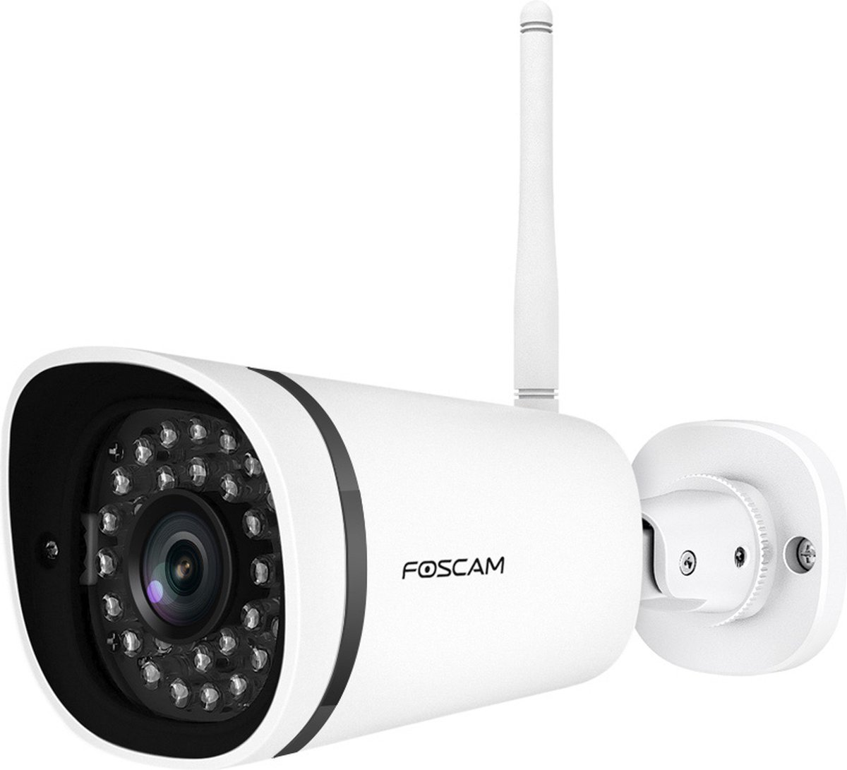 Une caméra de sécurité Foscam blanche avec antenne et LED infrarouges.