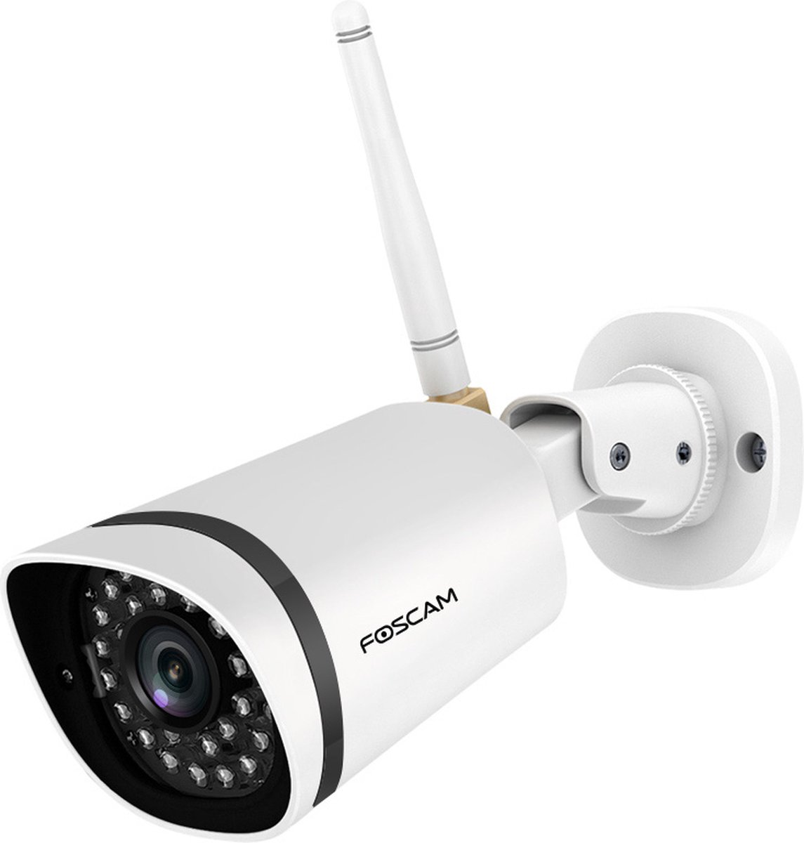 Caméra de sécurité blanche avec antenne et logo Foscam, sur fond blanc.