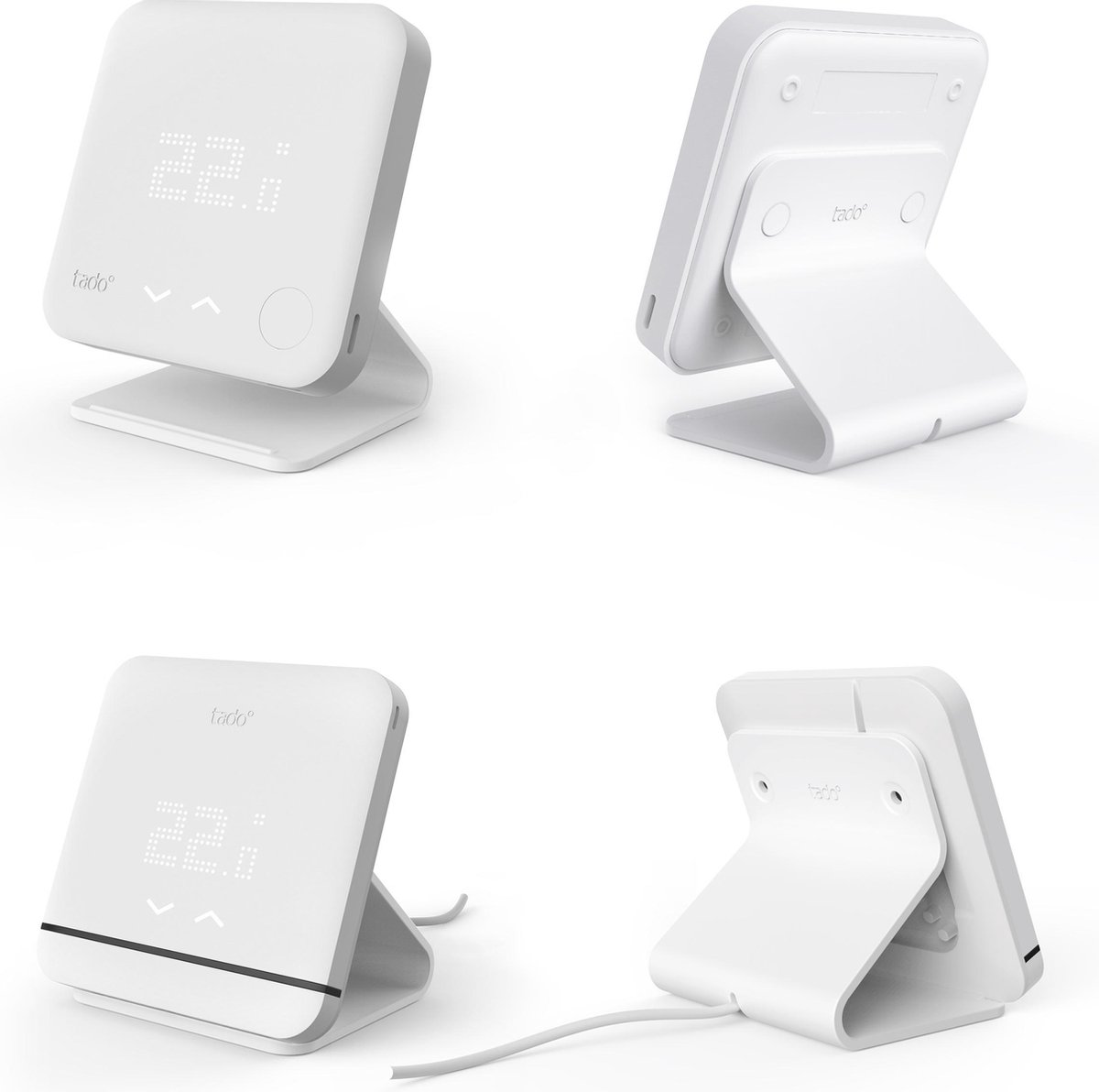 A white smart thermostat device with a display showing 22.1 degrees.