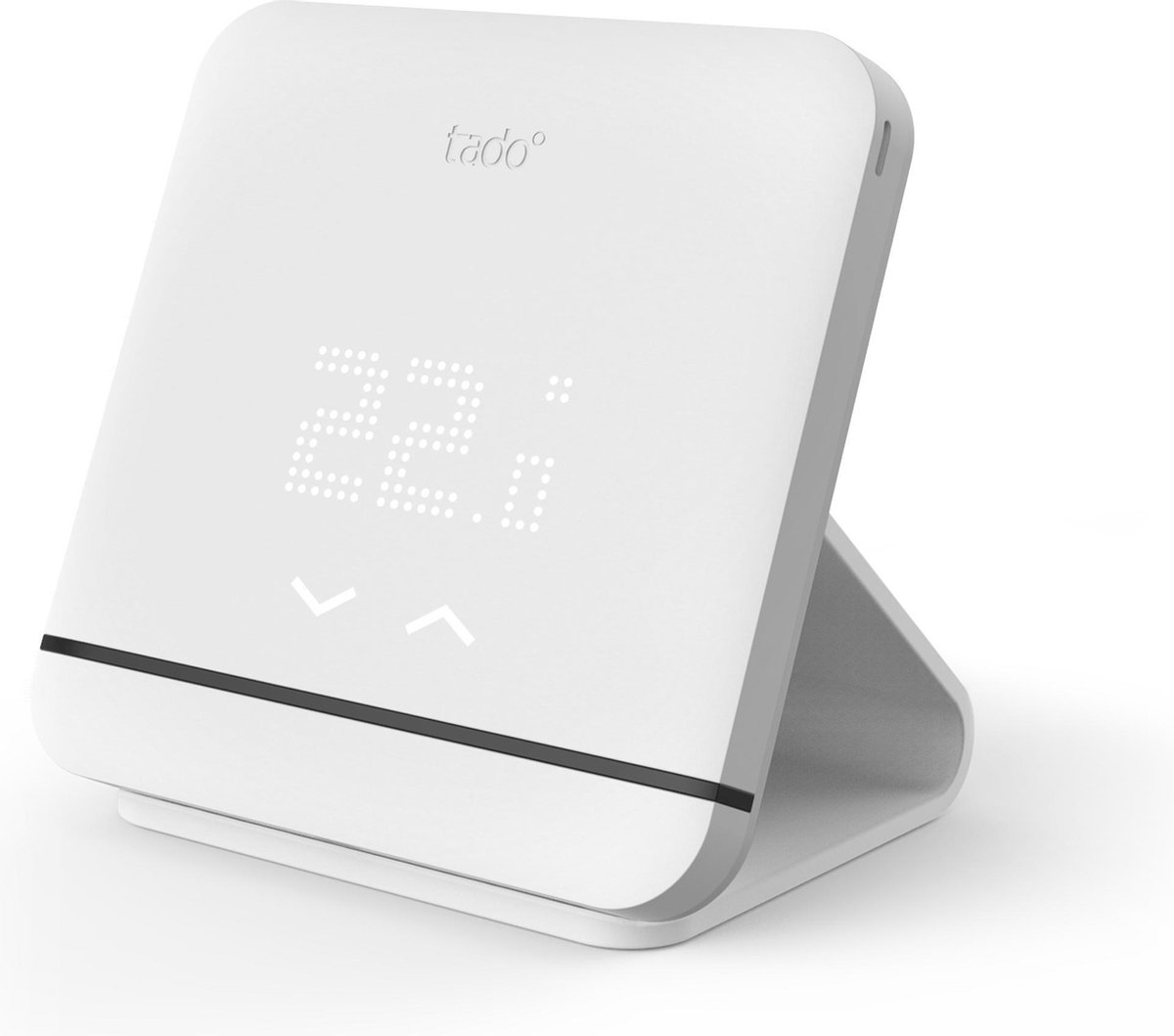A white Tado thermostat device displaying 22.0 degrees Celsius digitally.
