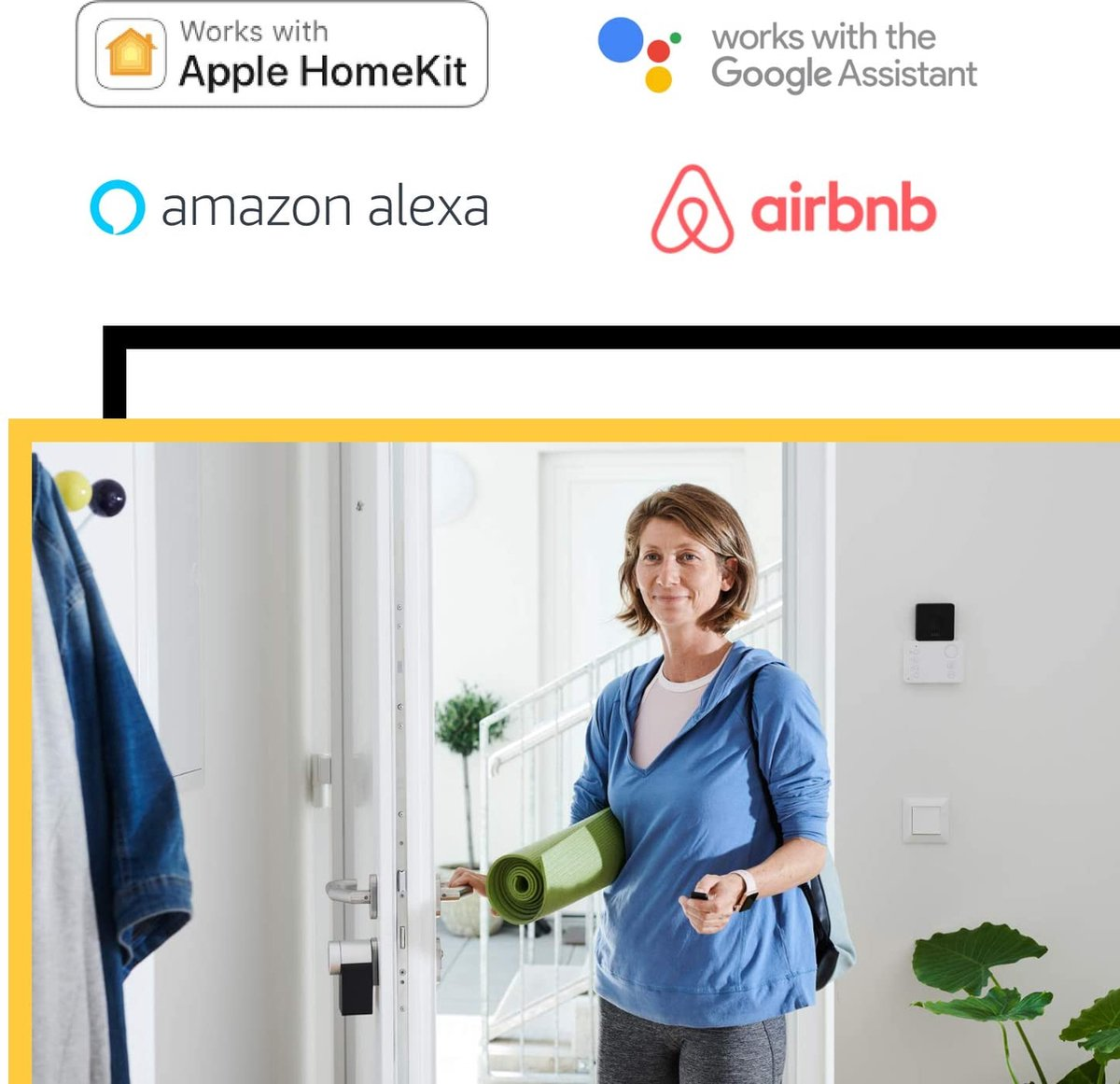 Woman with yoga mat opens door, with Apple, Google, Alexa, Airbnb logos above.