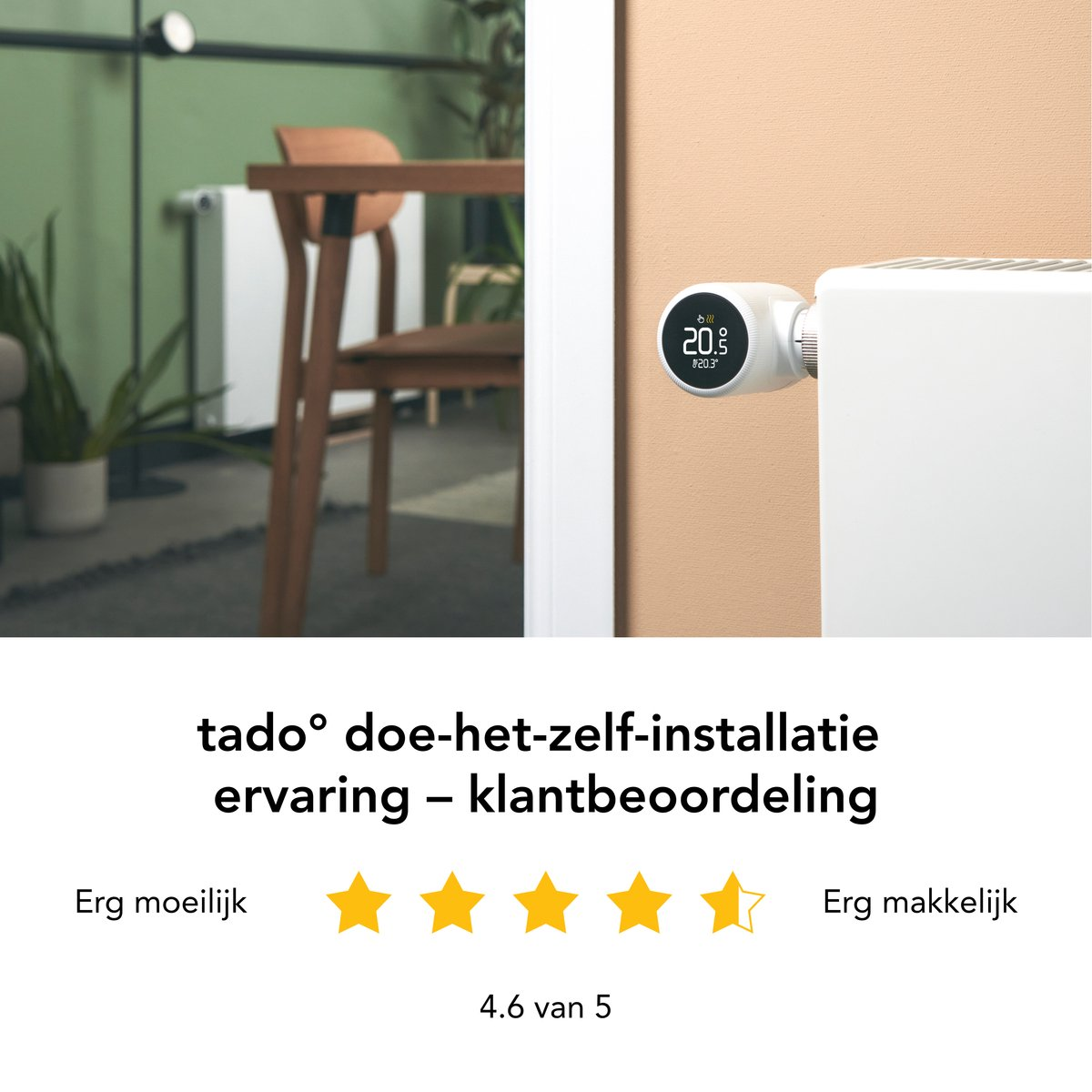 A white radiator thermostat displays 20.9°C. Dining room in the background.