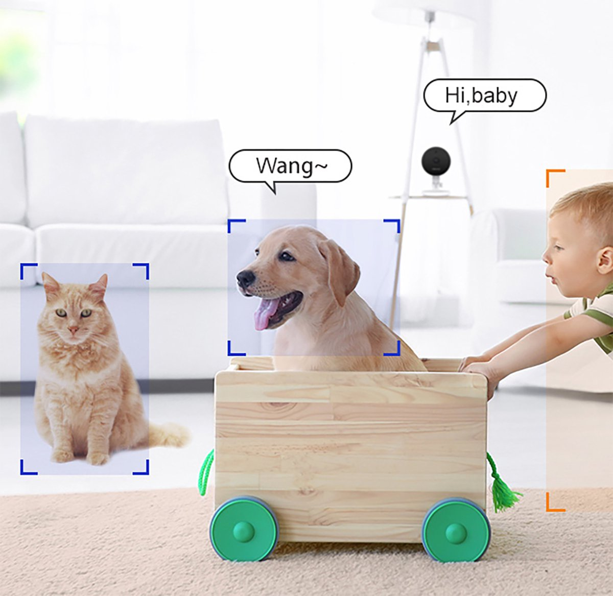 A dog and cat are observed by a baby in a wooden wagon.