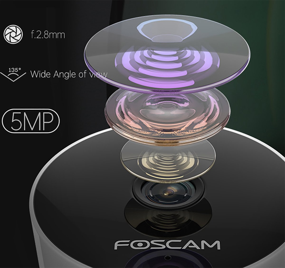 Foscam camera lens with 5MP, f/2.8mm, 135° wide angle and three lenses.