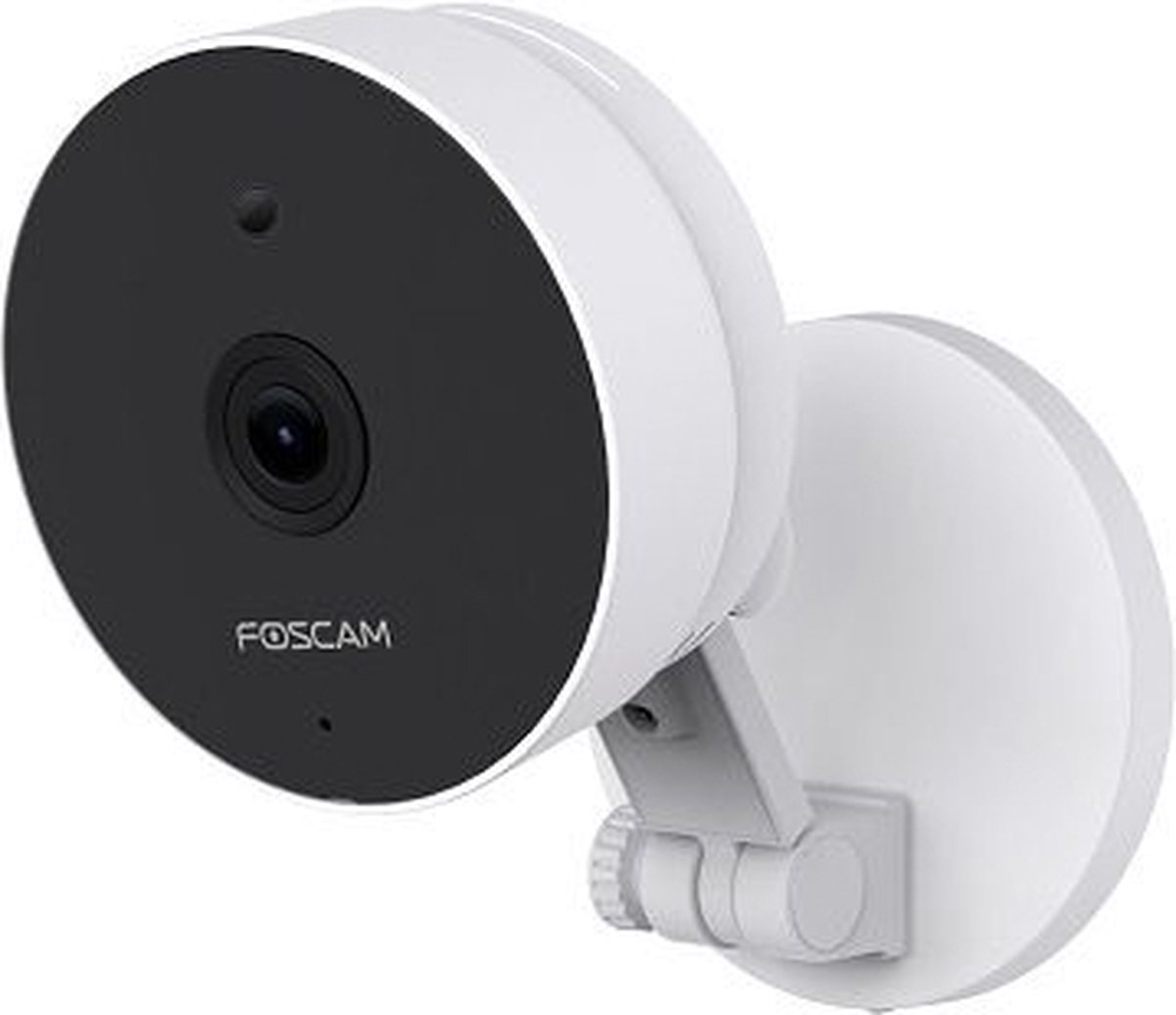 White Foscam security camera with black faceplate and lens, mounted on a white bracket.