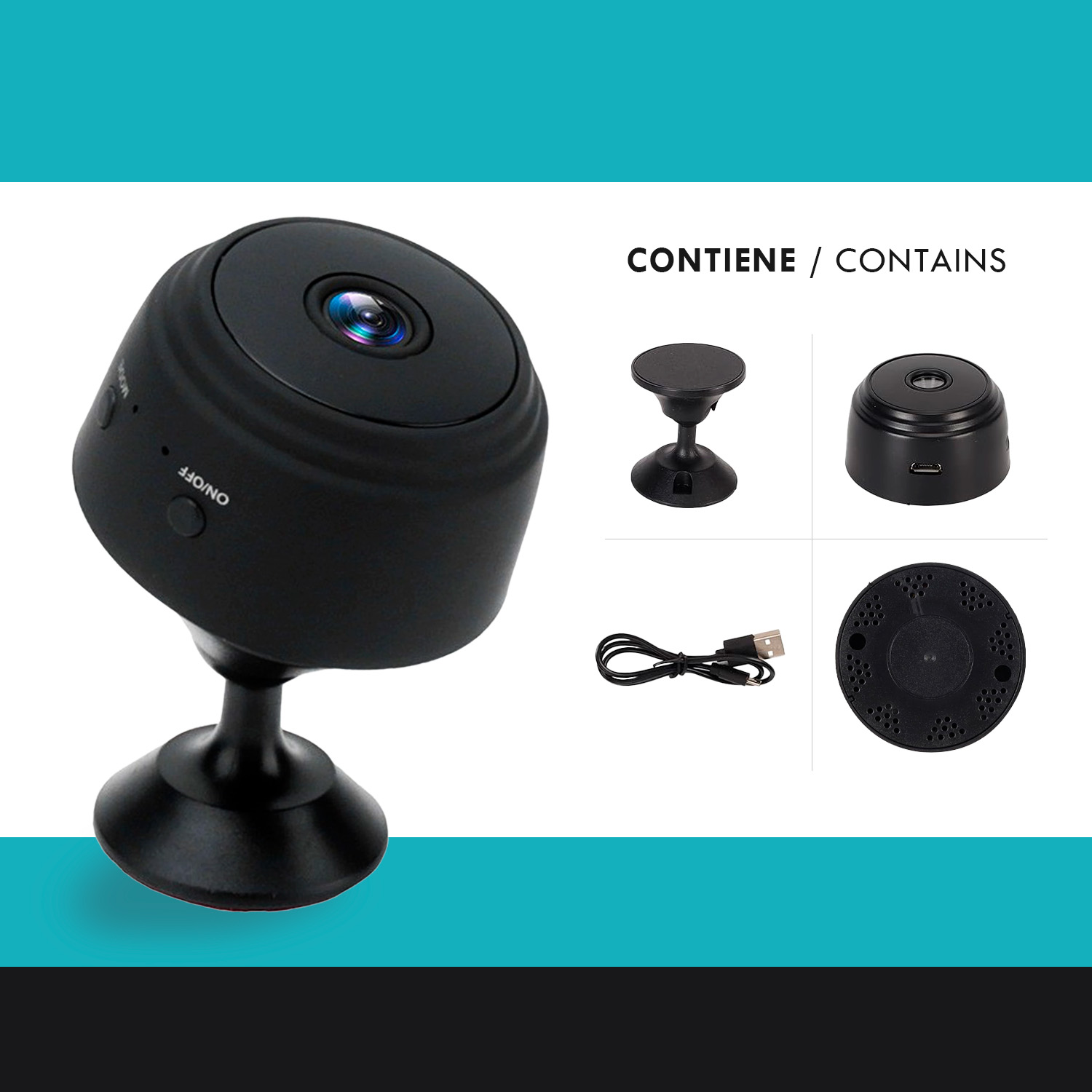 Una mini cámara negra sobre un soporte, con accesorios: montura, cable USB y base de carga.