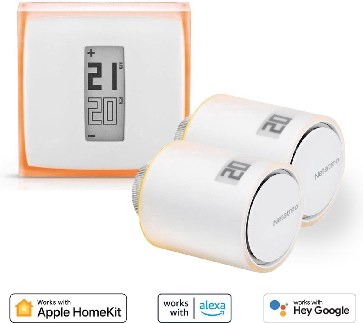 A Netatmo thermostat and two radiator valves. Display shows 21 degrees.