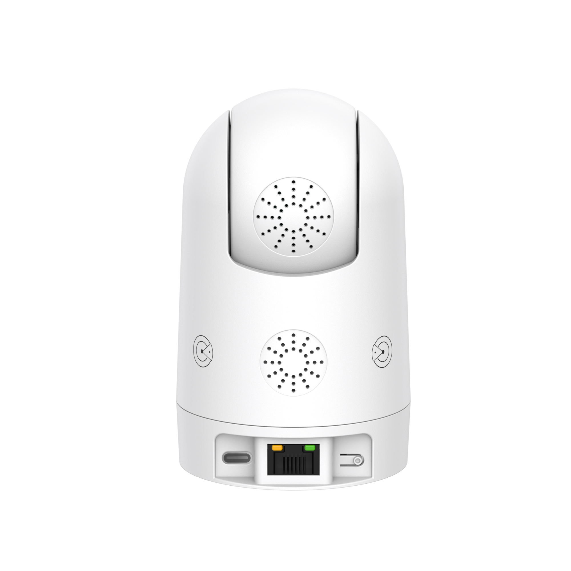 White security camera with speaker grilles and ports on the base.