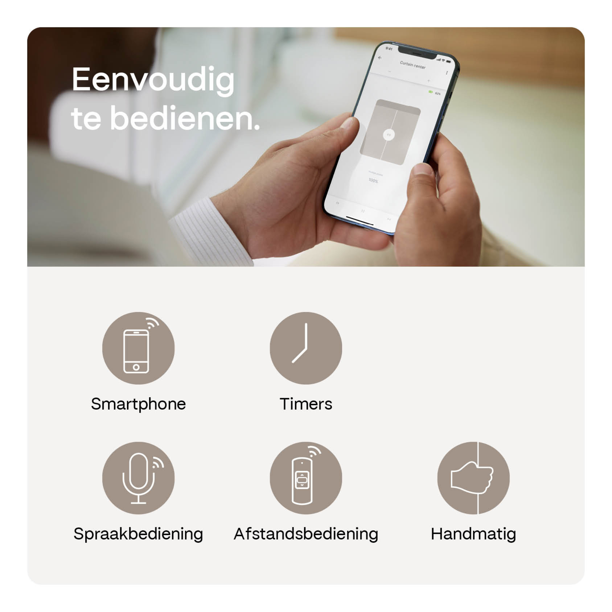 Man holds smartphone with curtain control app. Icons for smartphone, timers, voice, remote & manual control.